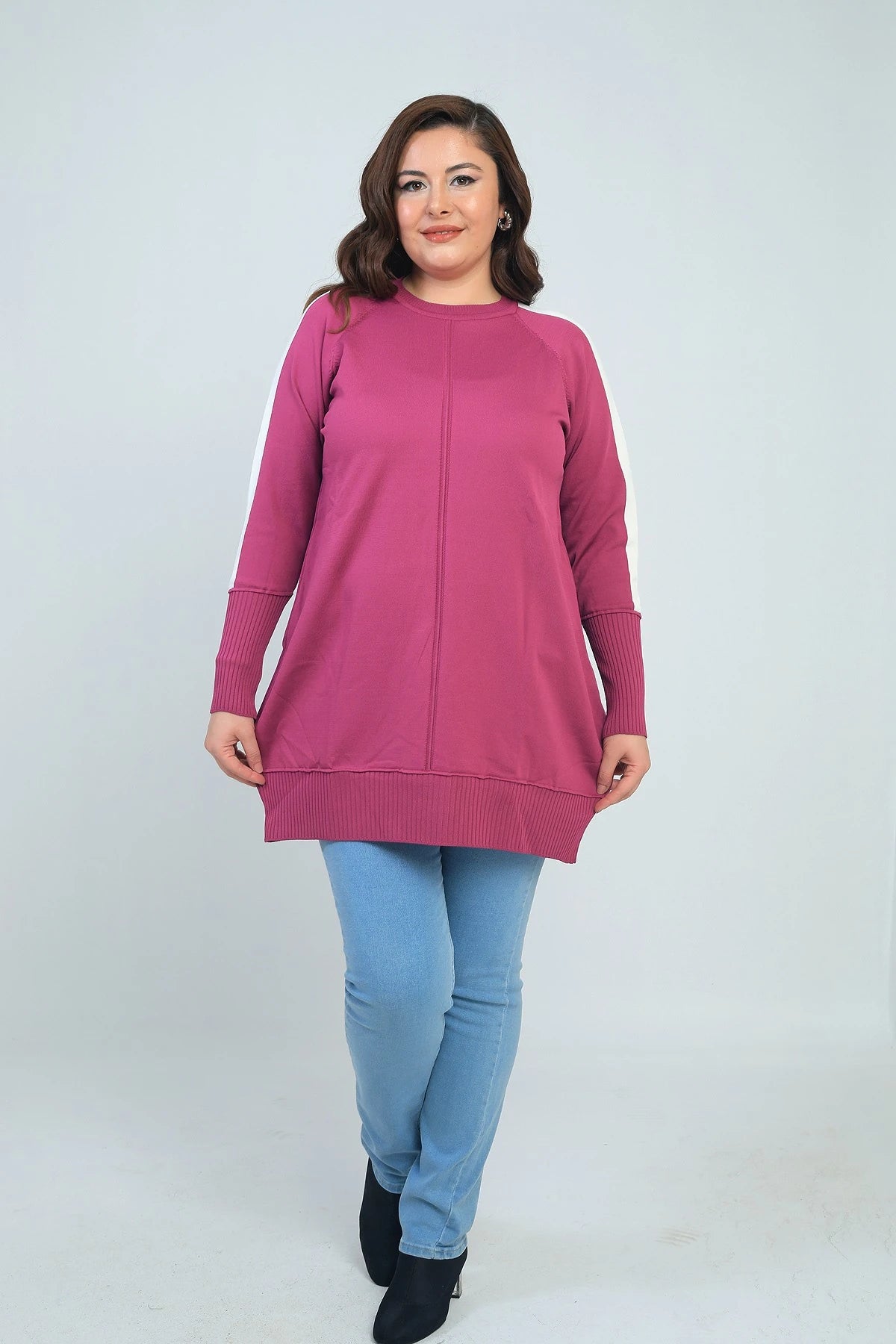 Image of Kadın Kolları Şeritli Büyük Beden Tunik Bluz