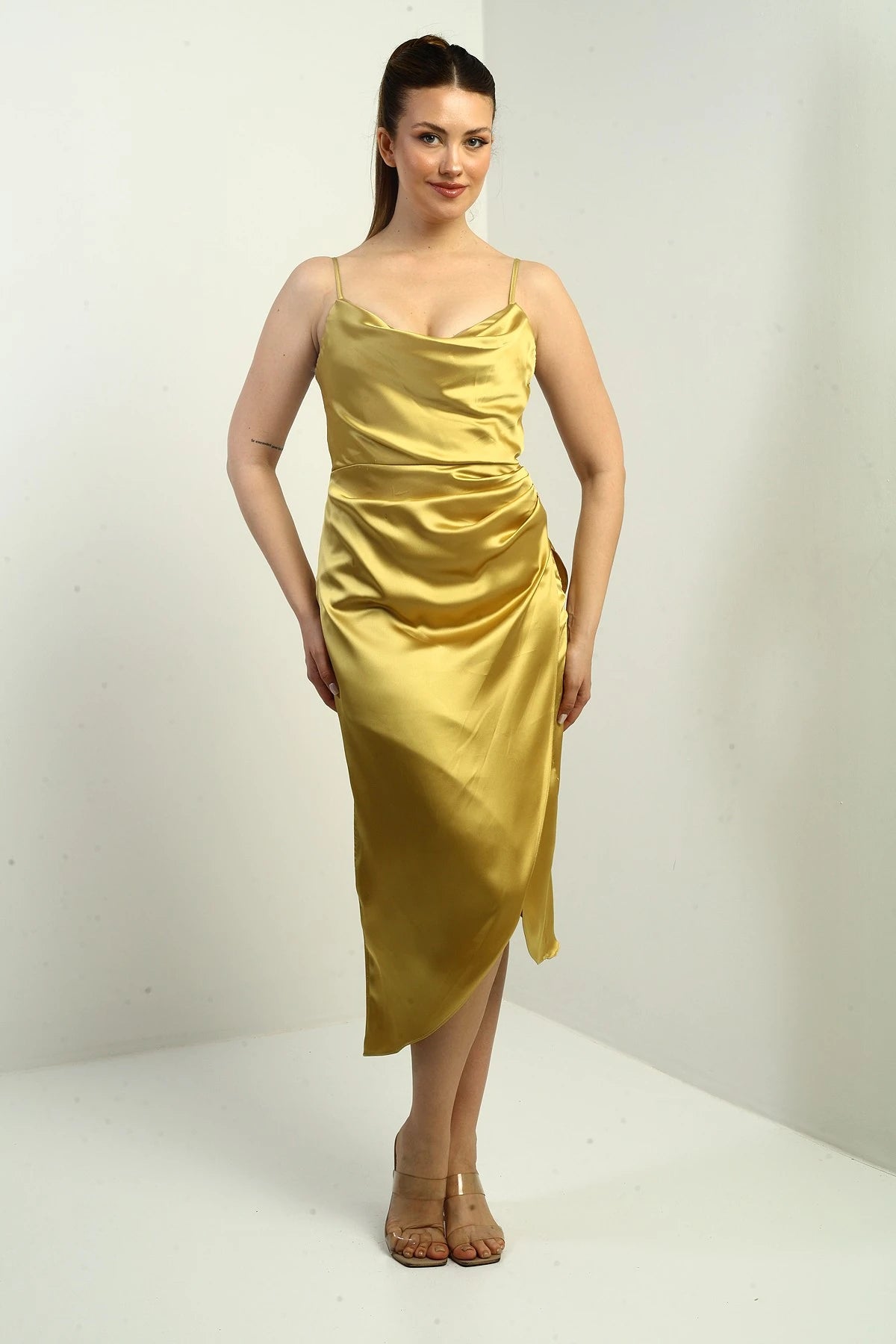 Image of Women's Strappy Draped Lined Asymmetrical Midi Dress