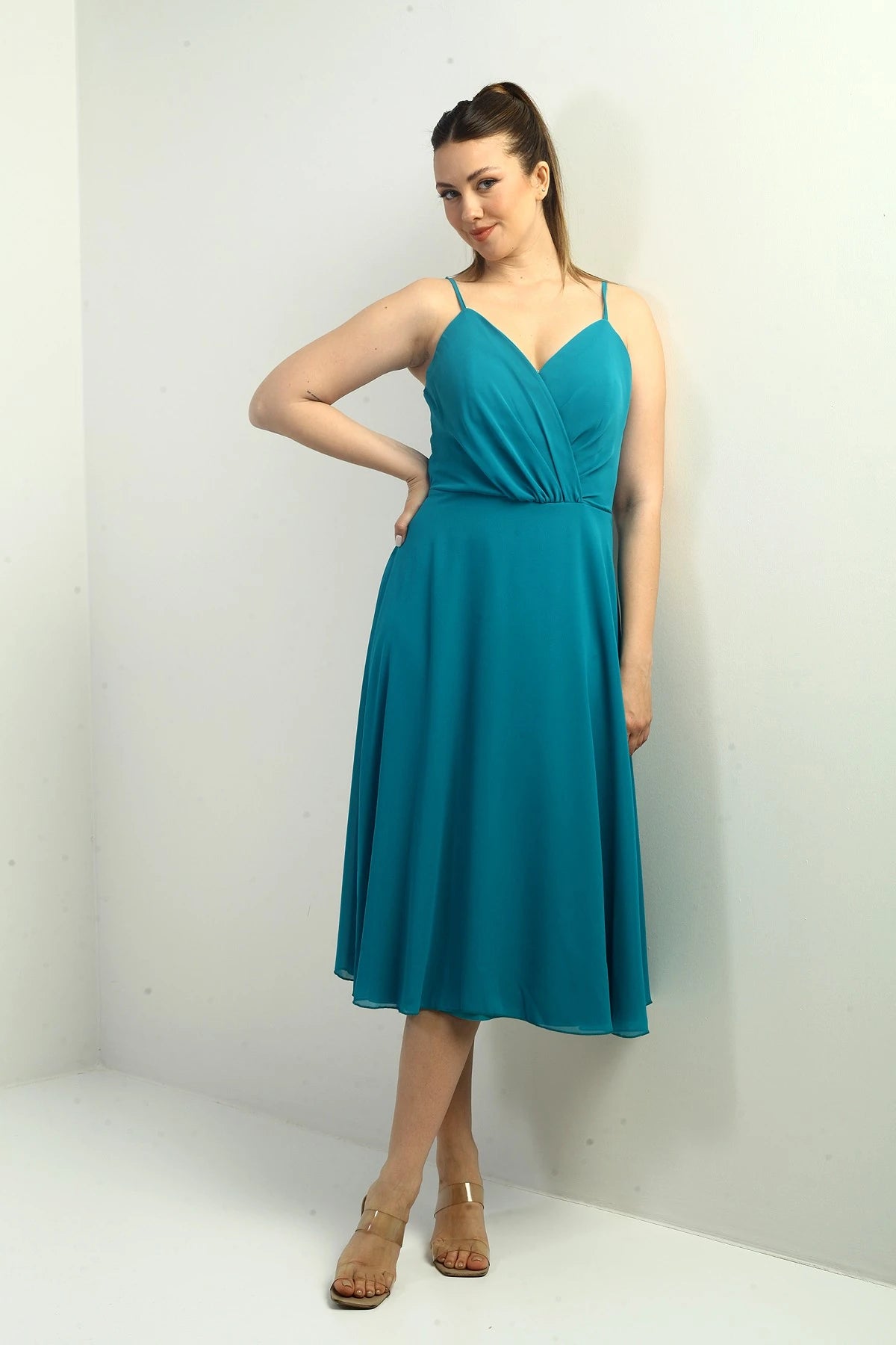 Image of Women's Strappy Wrap Neckline Lined Lace-Up Back Flared Chiffon Dress