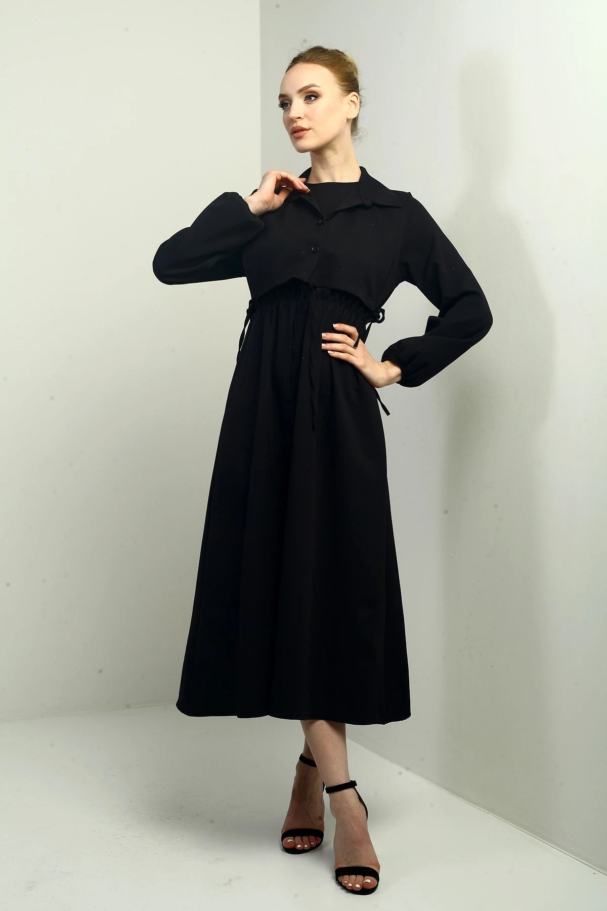 Image of Women's Button-Down Detachable Vest, Elastic Waist, Long-Sleeved Midi Dress