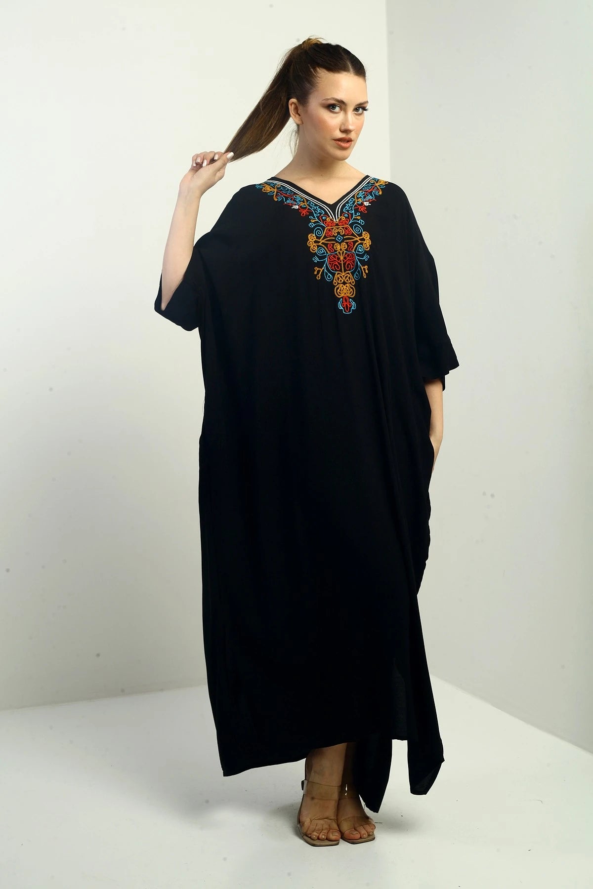 Image of Women's V-Neck Embroidered Pocket Oversize Long Dress