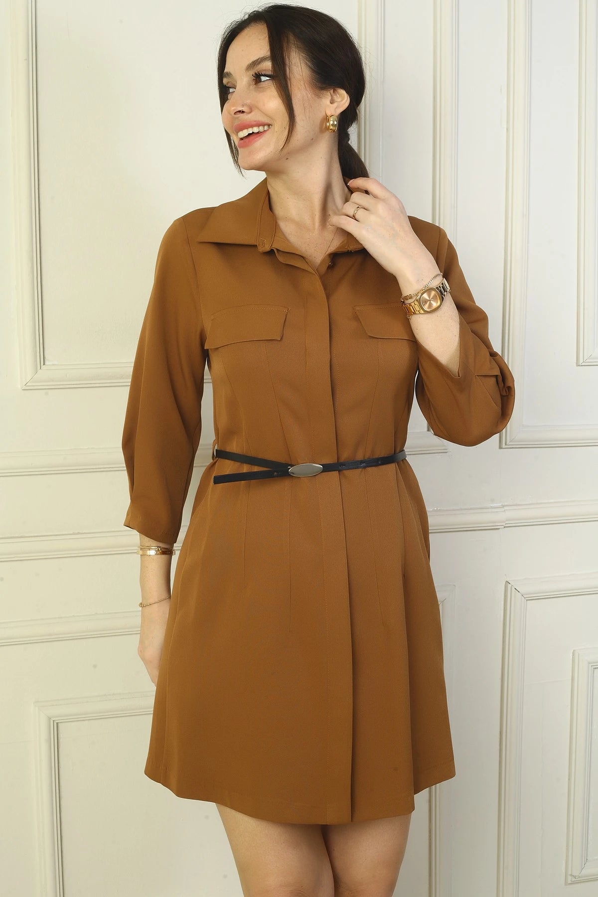 Image of Lycra Double Faux Pocket Shirt Dress