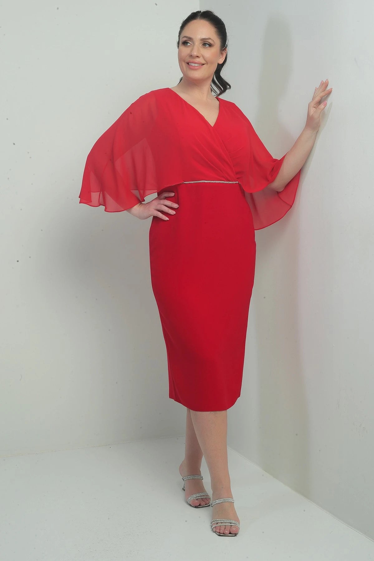 Image of Women's V-Neck Chiffon Draped Lined Plus Size Crepe Midi Dress with Embellished Waist