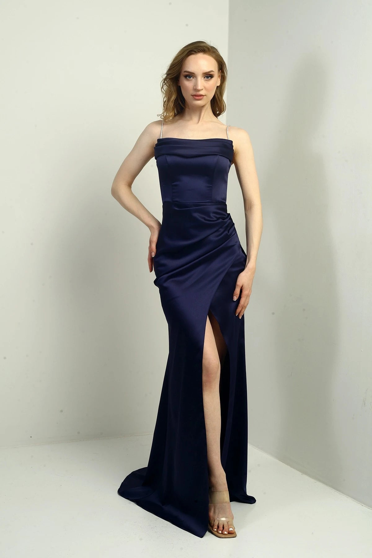 Image of Women's Shiny Strappy Deep Slit Front Gathered Pleated Long Satin Evening Dress