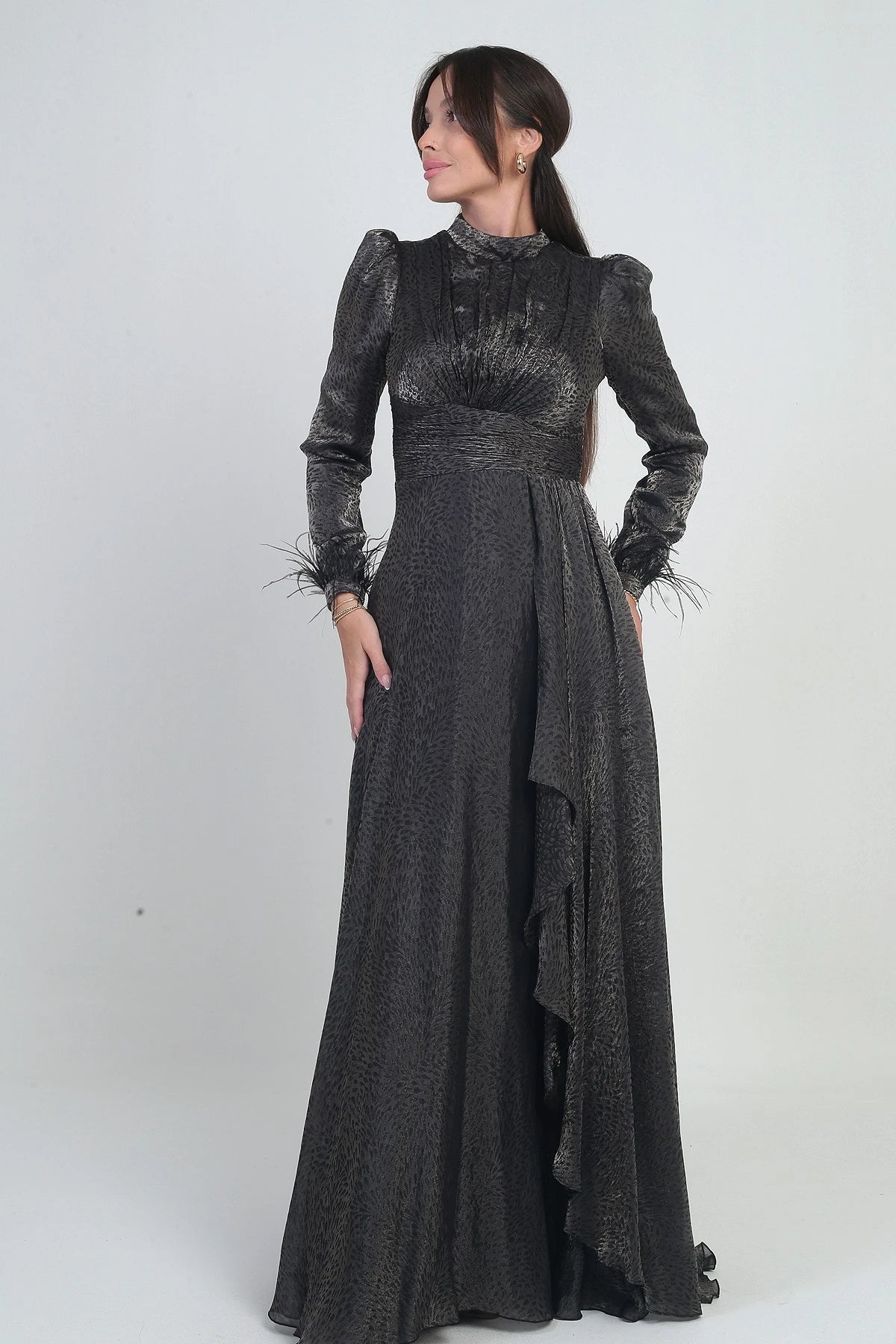 Image of Women's Long Flared Dress in Griter Chiffon with Draped Front, Ruffle Detail, Lined, and Feathered Sleeves.