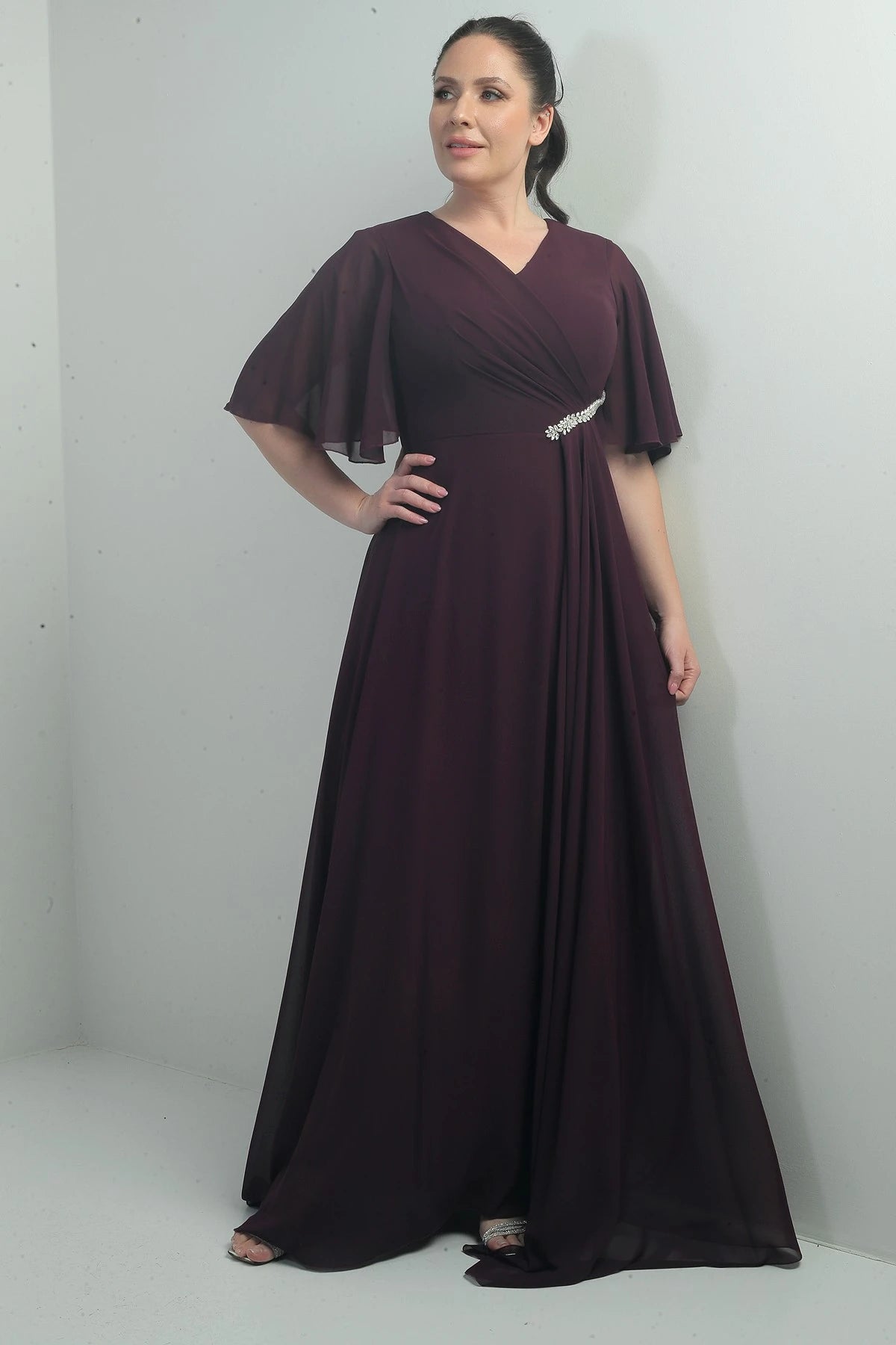 Image of Women's V-Neck, Waistband with Stone Embellishment, Draped, Lined, Plus Size Long Chiffon Dress