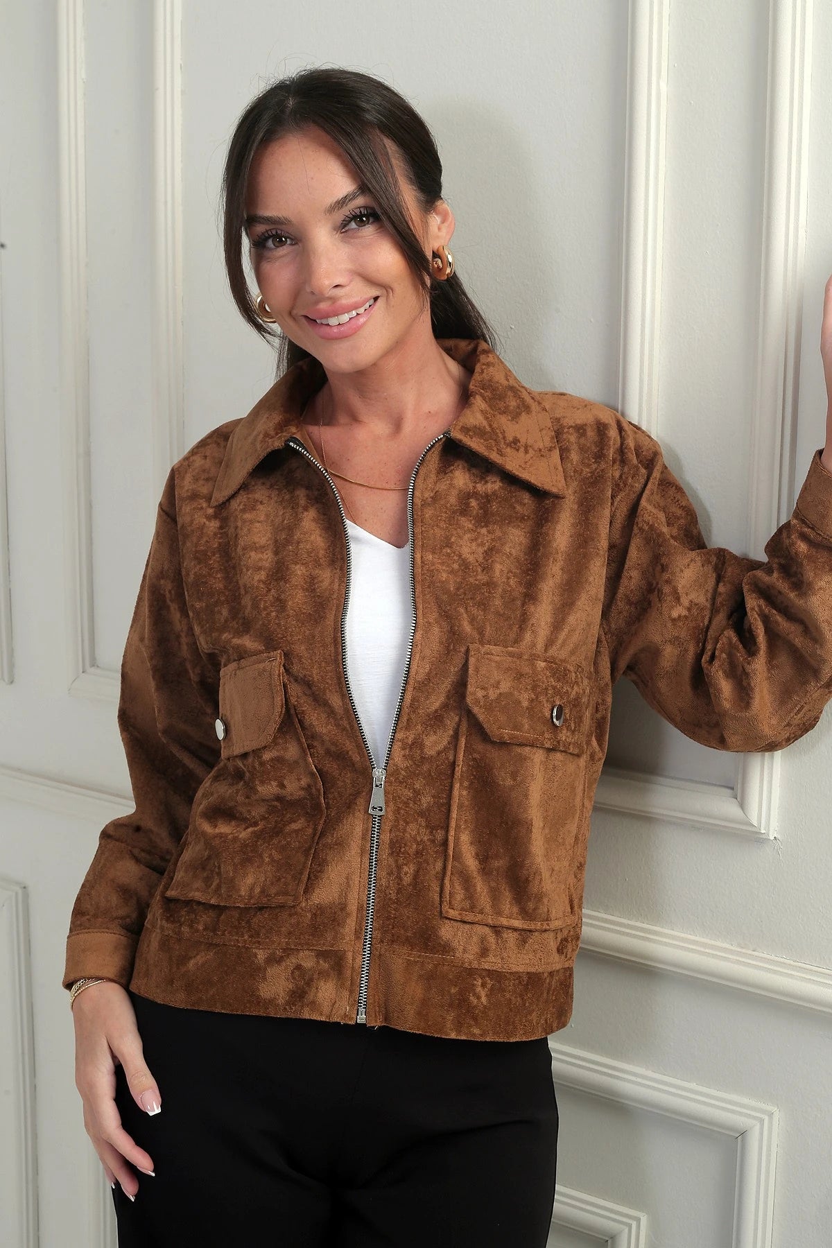 Image of Women's Suede Jacket with Patch Pockets and Zip Front