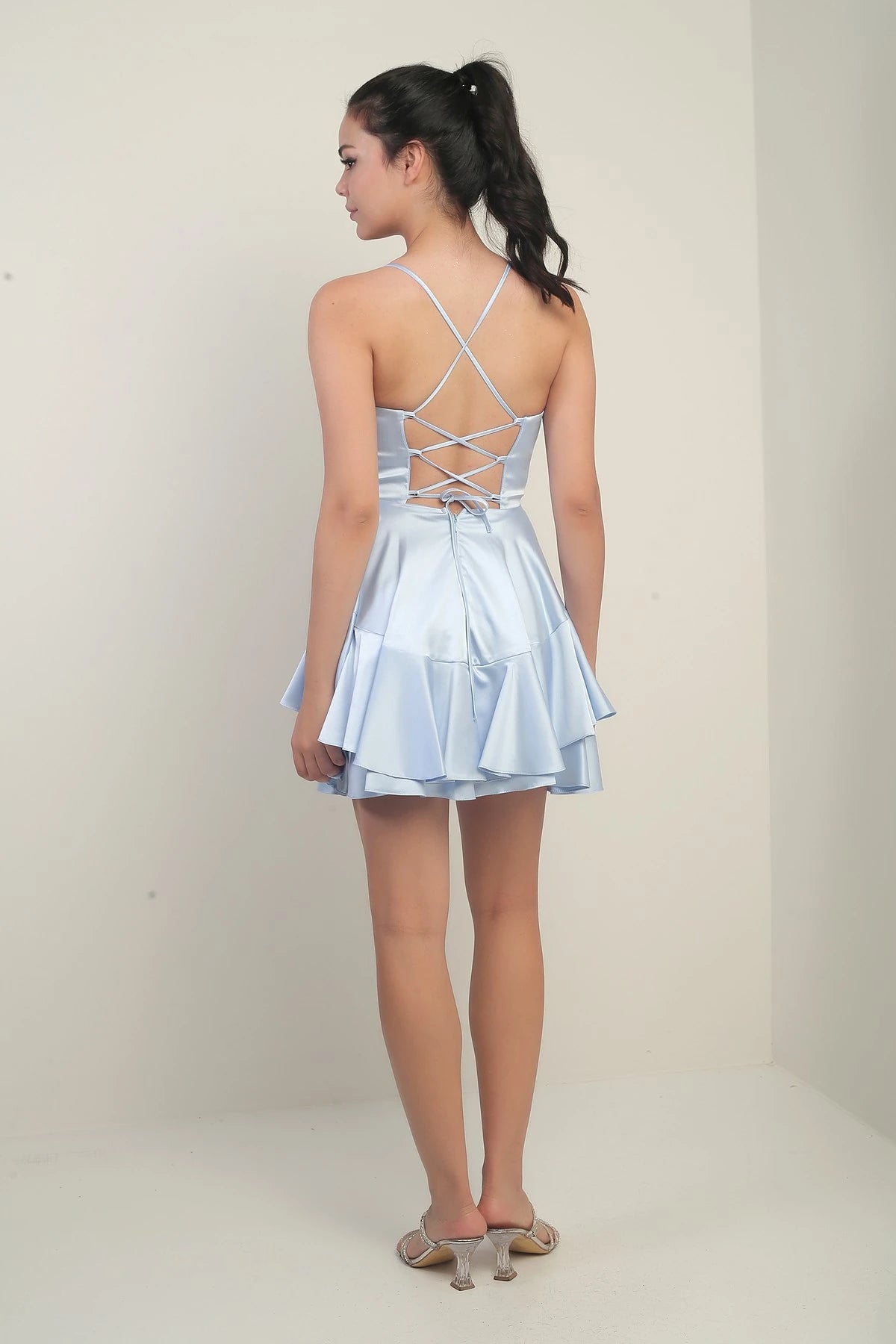 Image of Women's Strappy Back Tie Underwired Short Satin Dress with Layered Lining