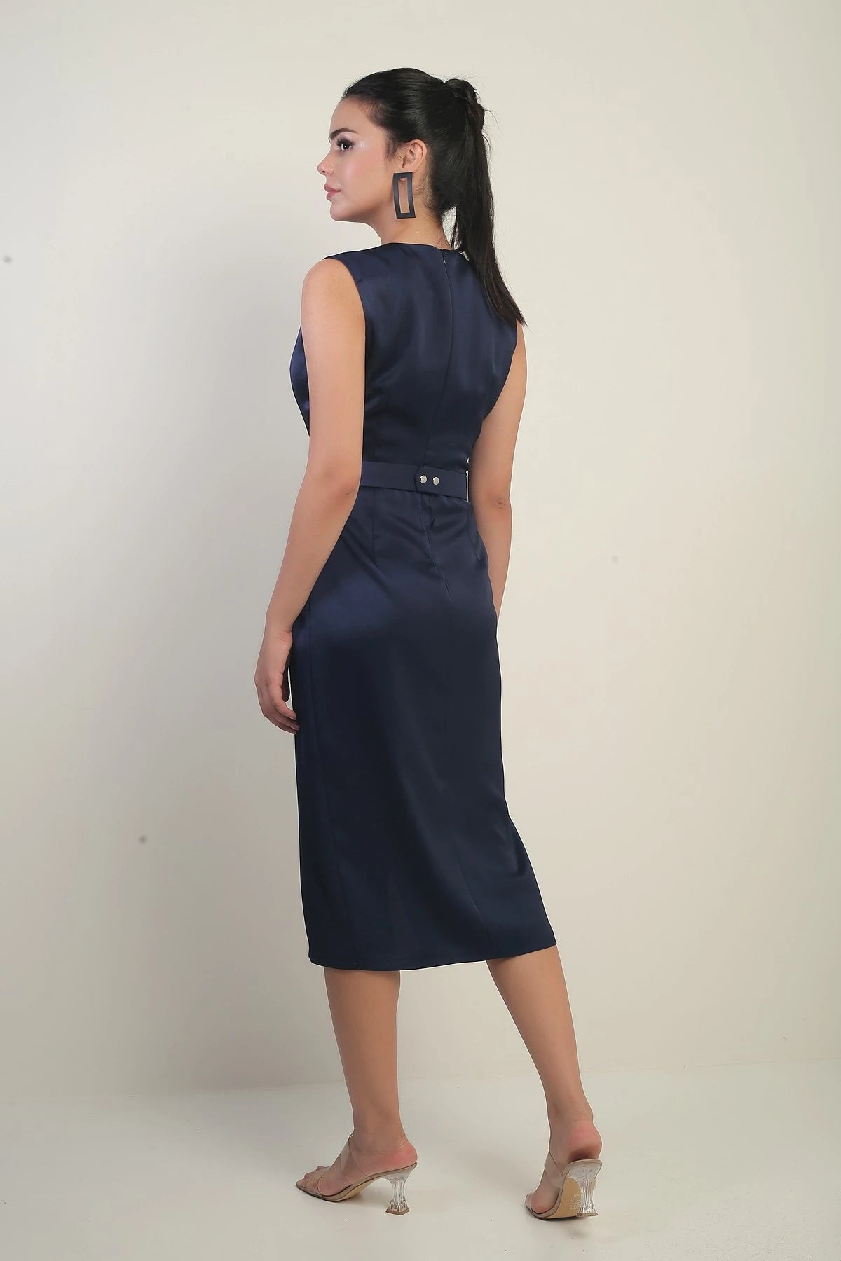 Image of Women's Wrap Neckline Front Pleated Belted Crepe Satin Dress