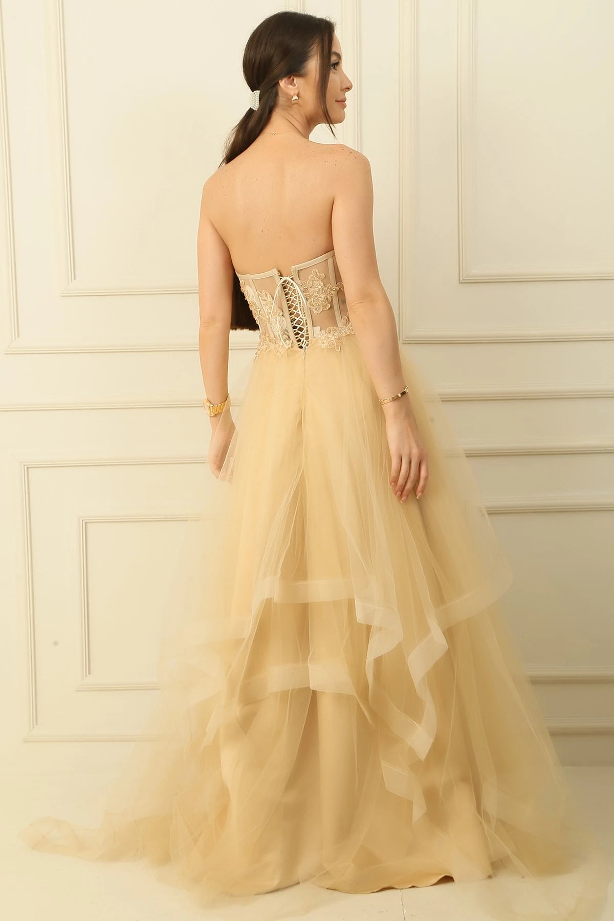 Image of Long, Layered Tulle Taffeta Evening Dress with Beaded Embellishments