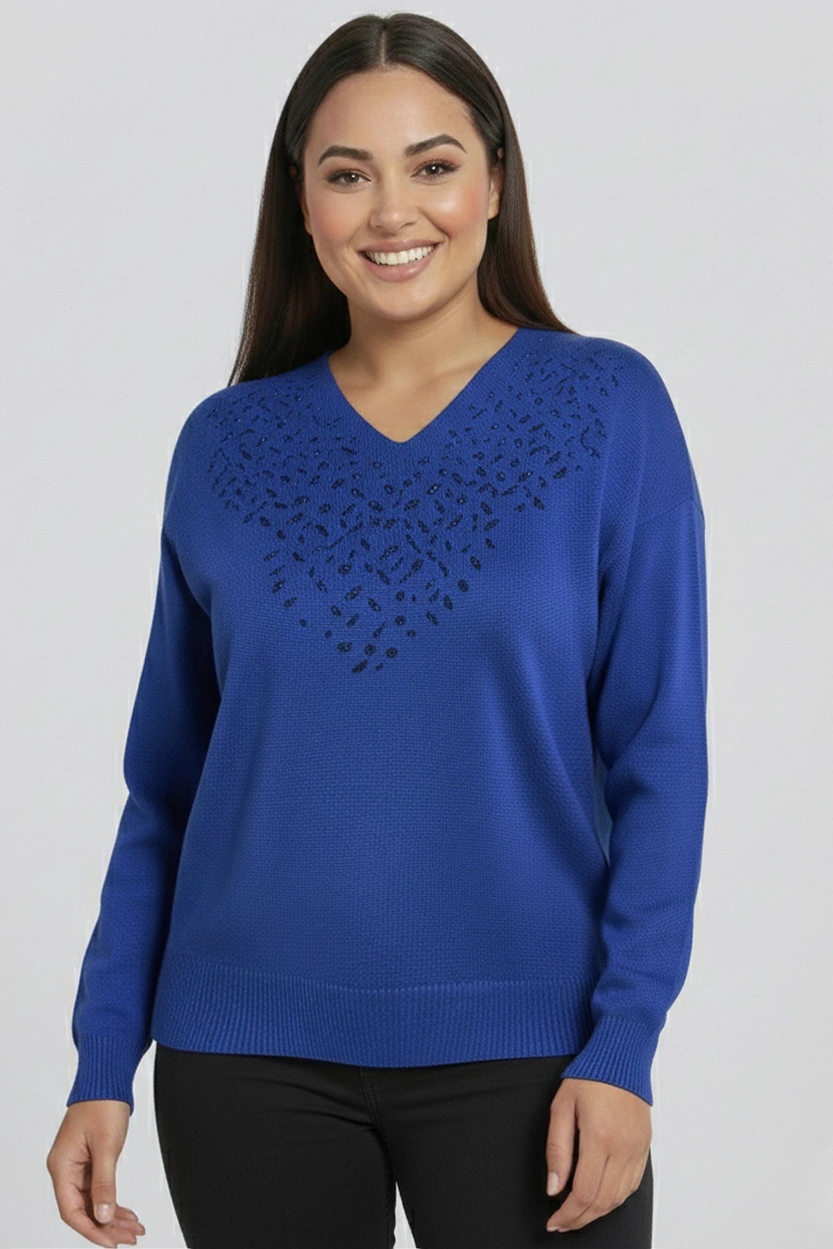 Image of Women's V-Neck Plus Size Knitted Blouse with Glitter Detail on the Front