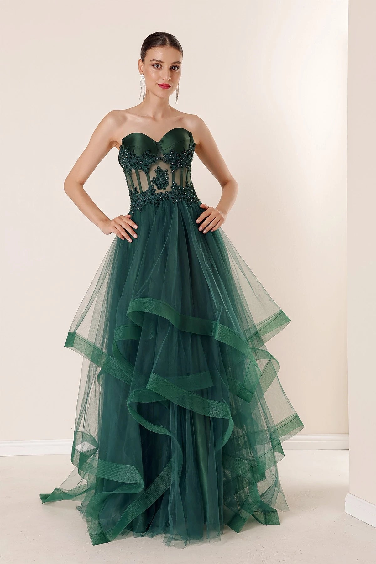 Image of Long, Layered Tulle Taffeta Evening Dress with Beaded Embellishments