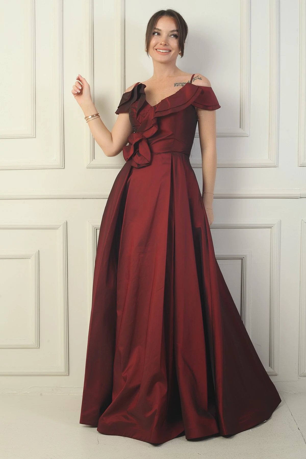 Image of Women's Strappy Boat Neck Long Taffeta Evening Dress with Rose Detail, Lined, and Pockets