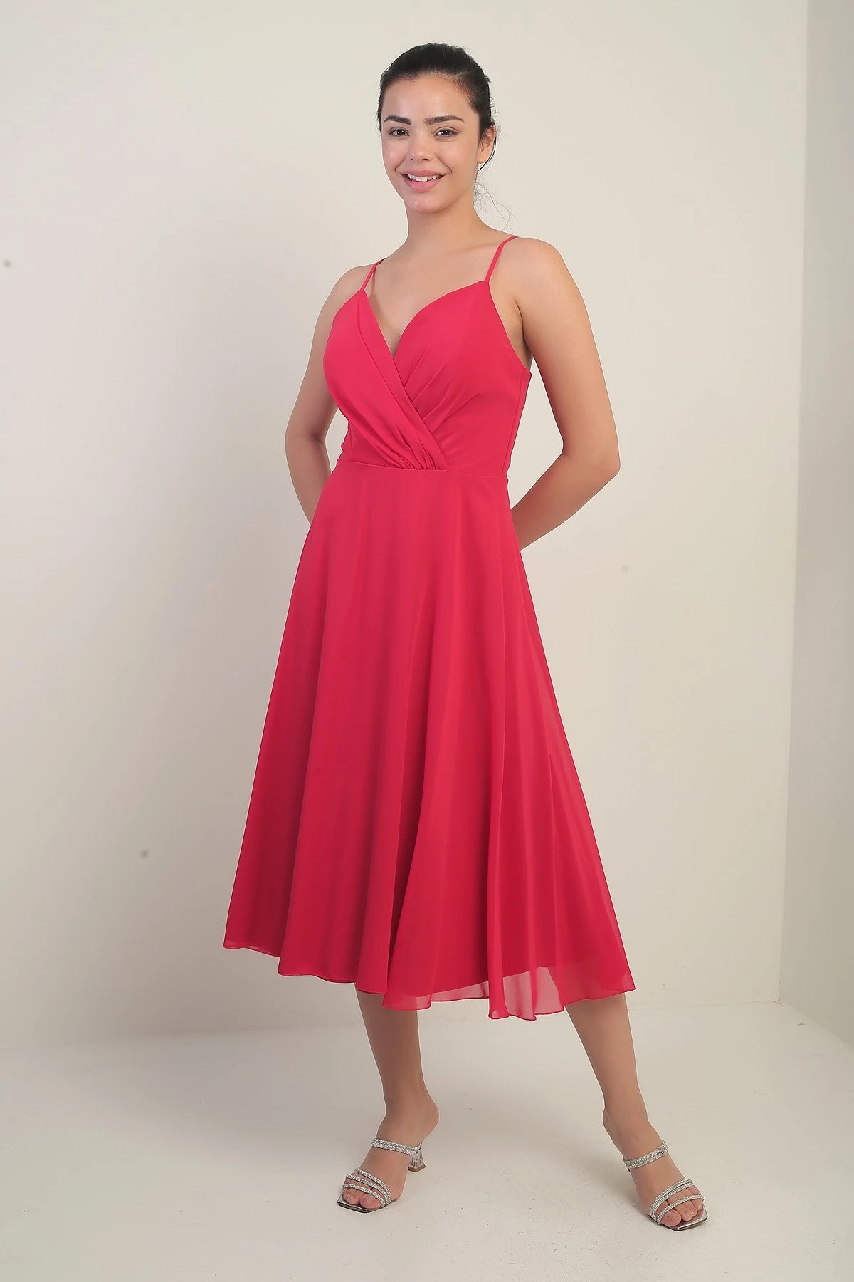 Image of Women's Strappy Wrap Neckline Lined Lace-Up Back Flared Chiffon Dress