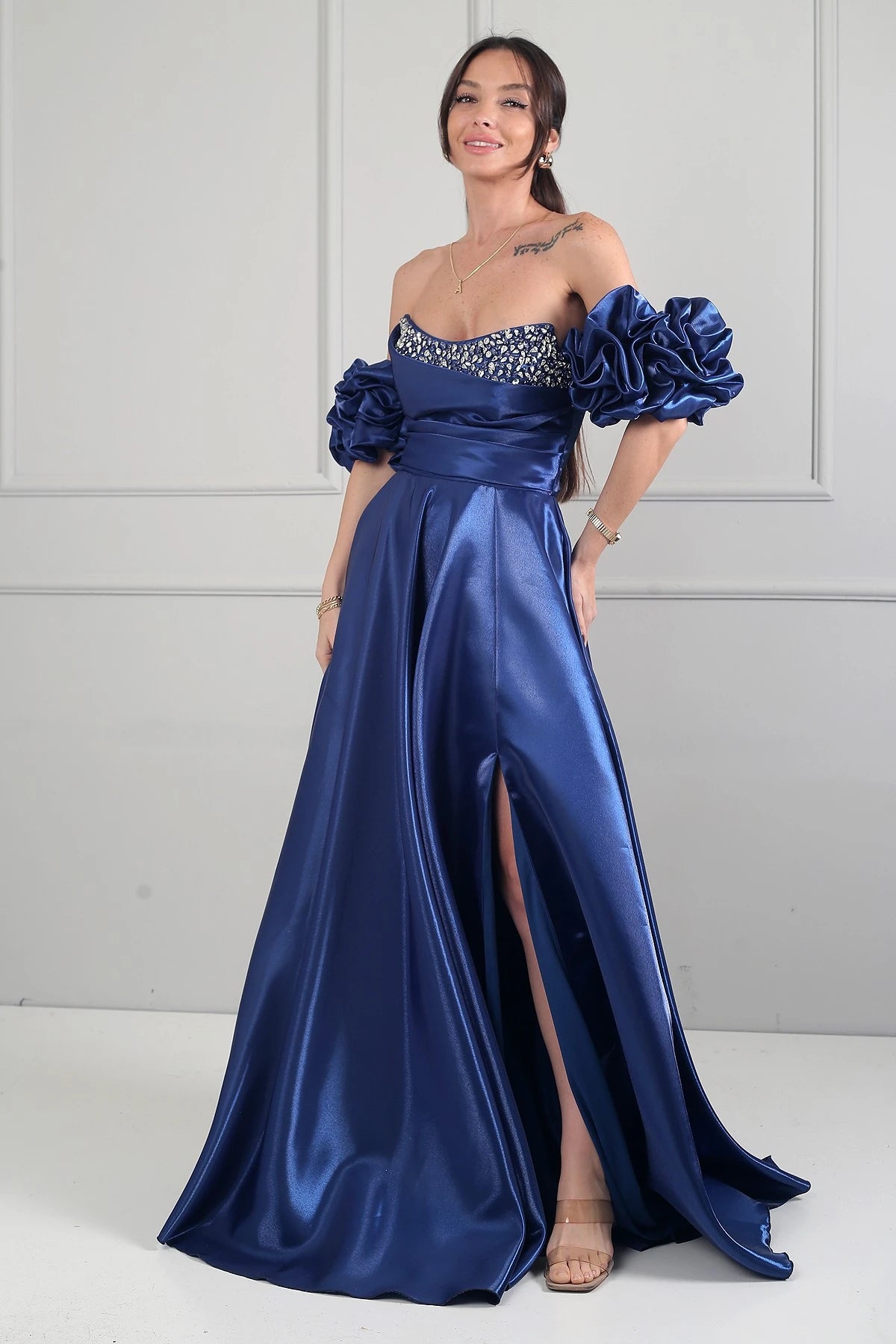 Image of Women's Strapless Balloon Sleeve Lined Long Satin Dress with Stone Embellishments