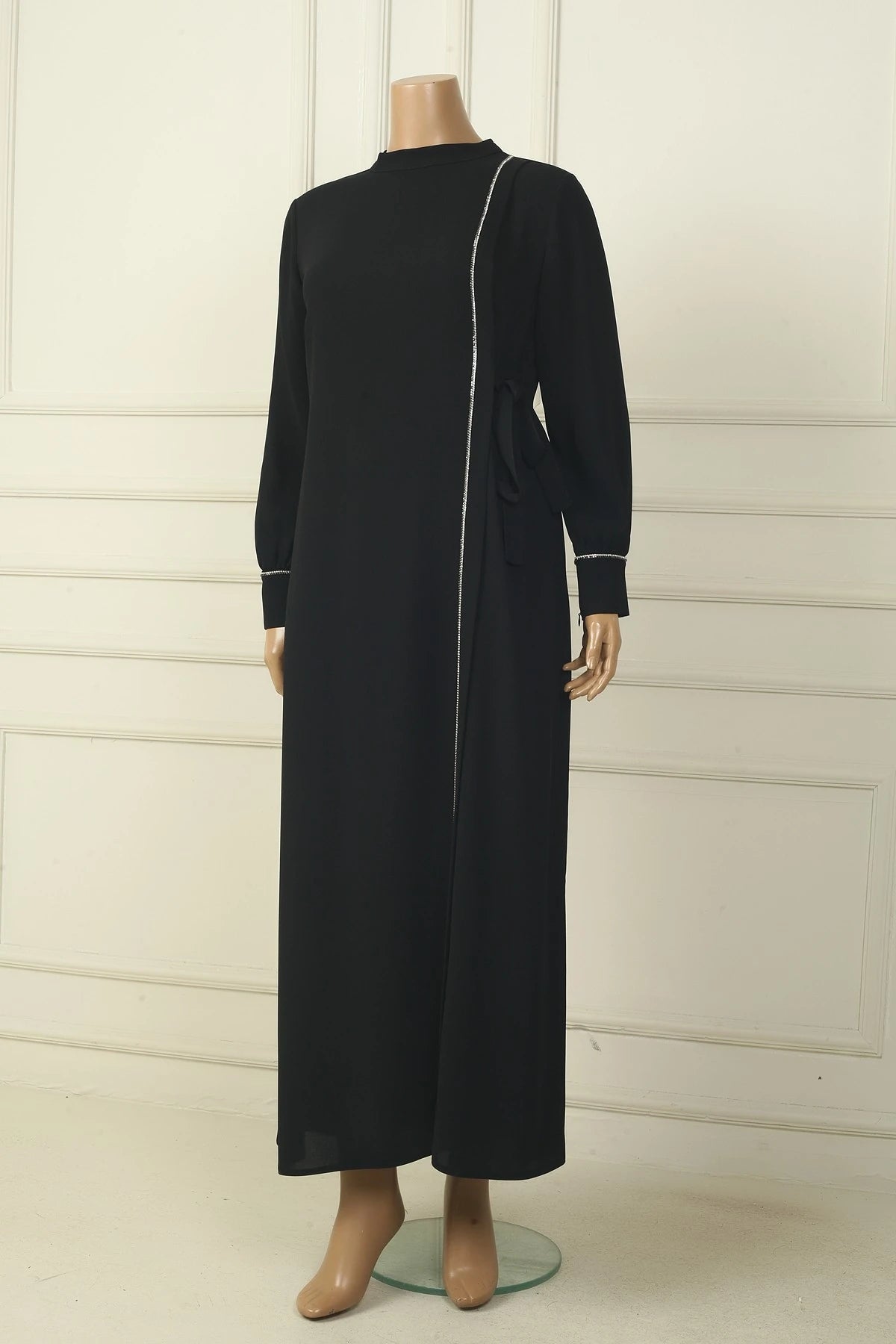 Image of Women's Plus Size Long Crepe Dress with Zippered Sleeves, Stone Embellishments, and Side Tie Closure