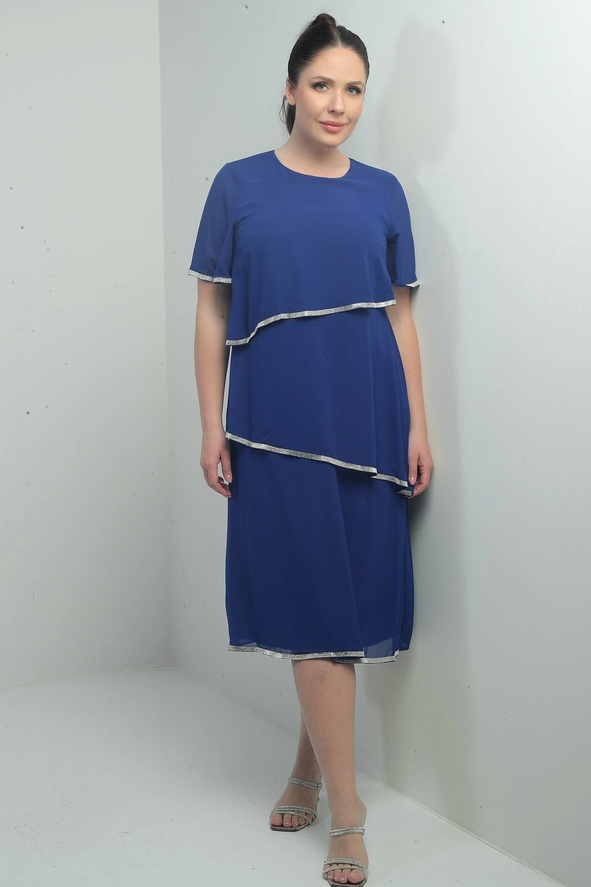 Image of Women's Plus Size Dress with Stone Embellishments, Lined, Short Sleeves, and Three Layers of Chiffon.