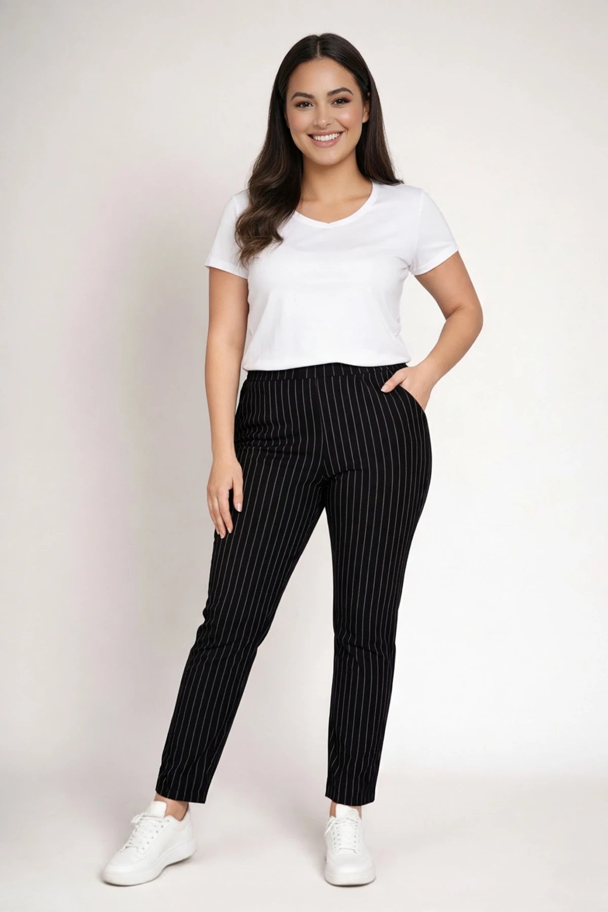 Image of Women's Plus Size Scuba Pants with Vertical Stripes and Pockets