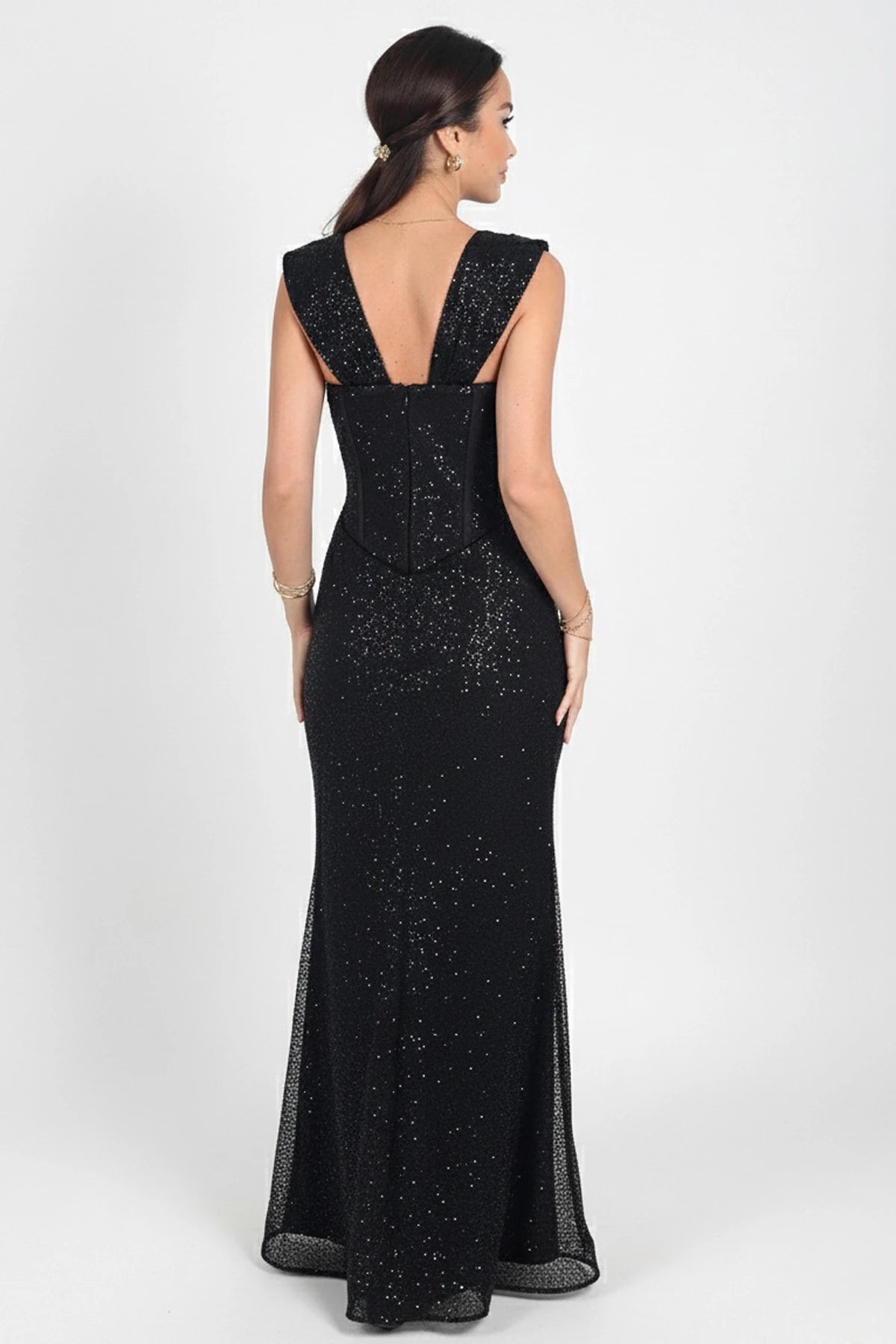 Image of Women's Strapless Bustier Low-Sleeved Lined Mesh Fishtail Dress with Waistband