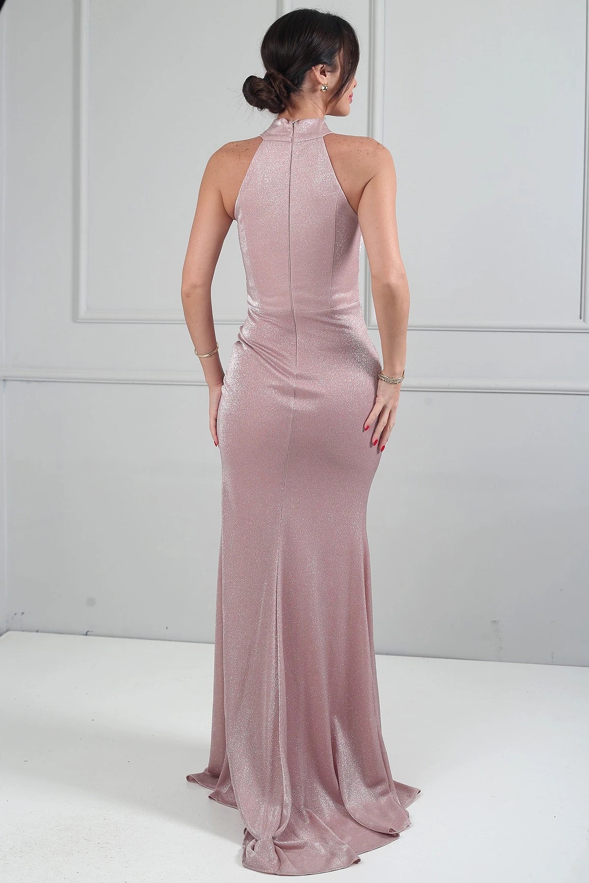 Image of Women's Halter Neck Lined Draped Glitter Long Dress