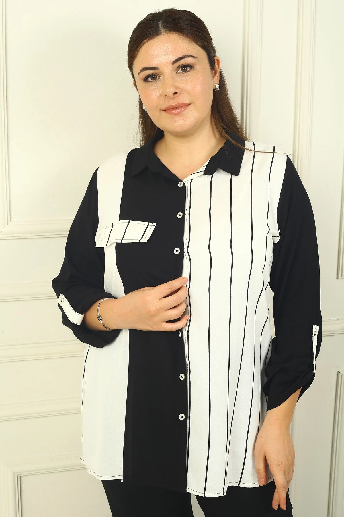 Image of Women's Single Pocket, Fold-Up Sleeve Striped BB Shirt