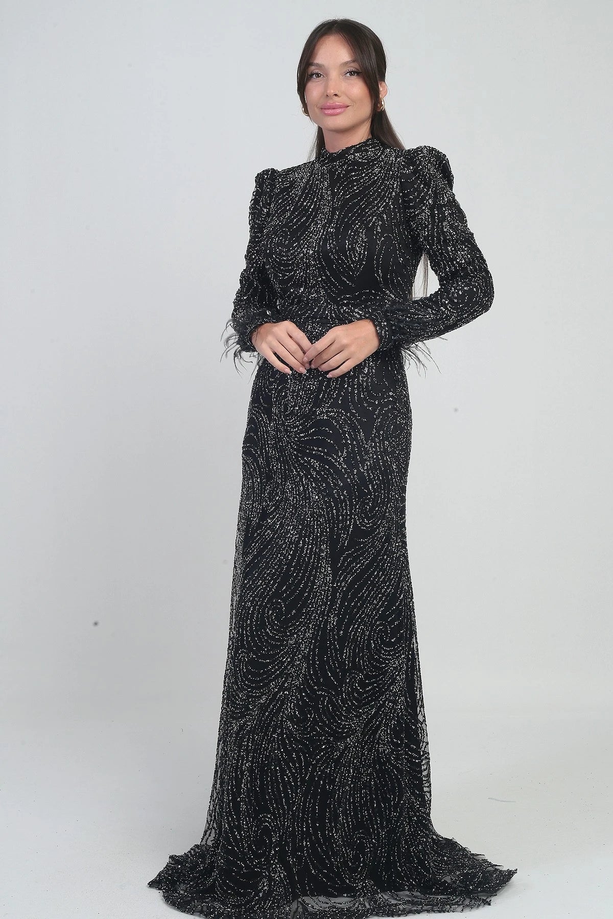 Image of Women's Long Tulle Dress with Feathered Sleeves, Beads and Sequins, and Lining