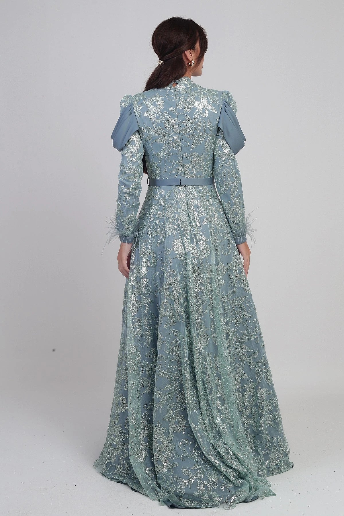Image of Women's Long Dress with Feathered Sleeves, Beads and Glitter Details, and Lining