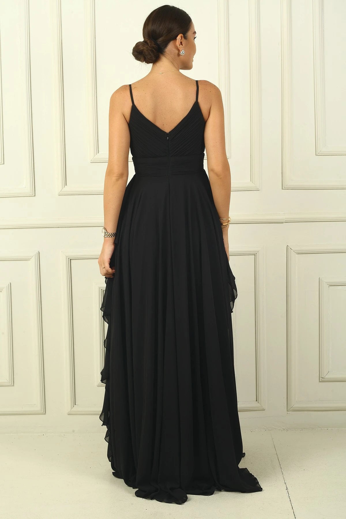 Image of Women's Strappy, Side Slit, Lined, Ruffled Chiffon Long Dress