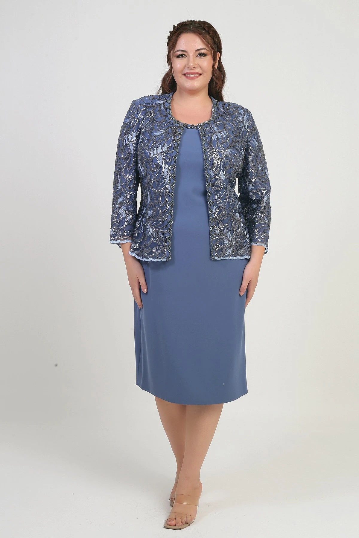 Image of Women's Sequin Embellished Beaded Tulle Jacket, Half-Moon Sleeve Short Dress, Lined Crepe, Plus Size 2-Piece Set