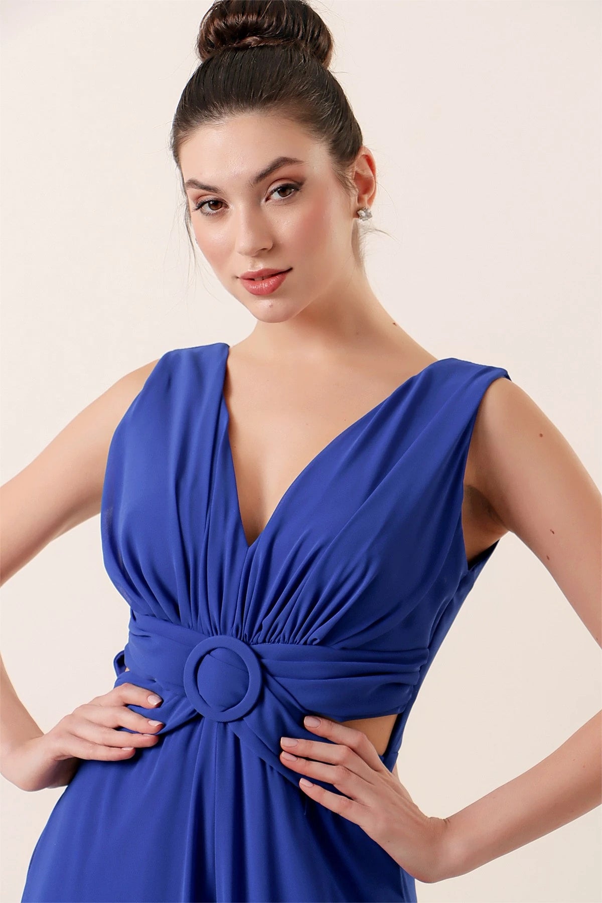 Image of Waist-detailed, front and back V-neck, lined chiffon jumpsuit.