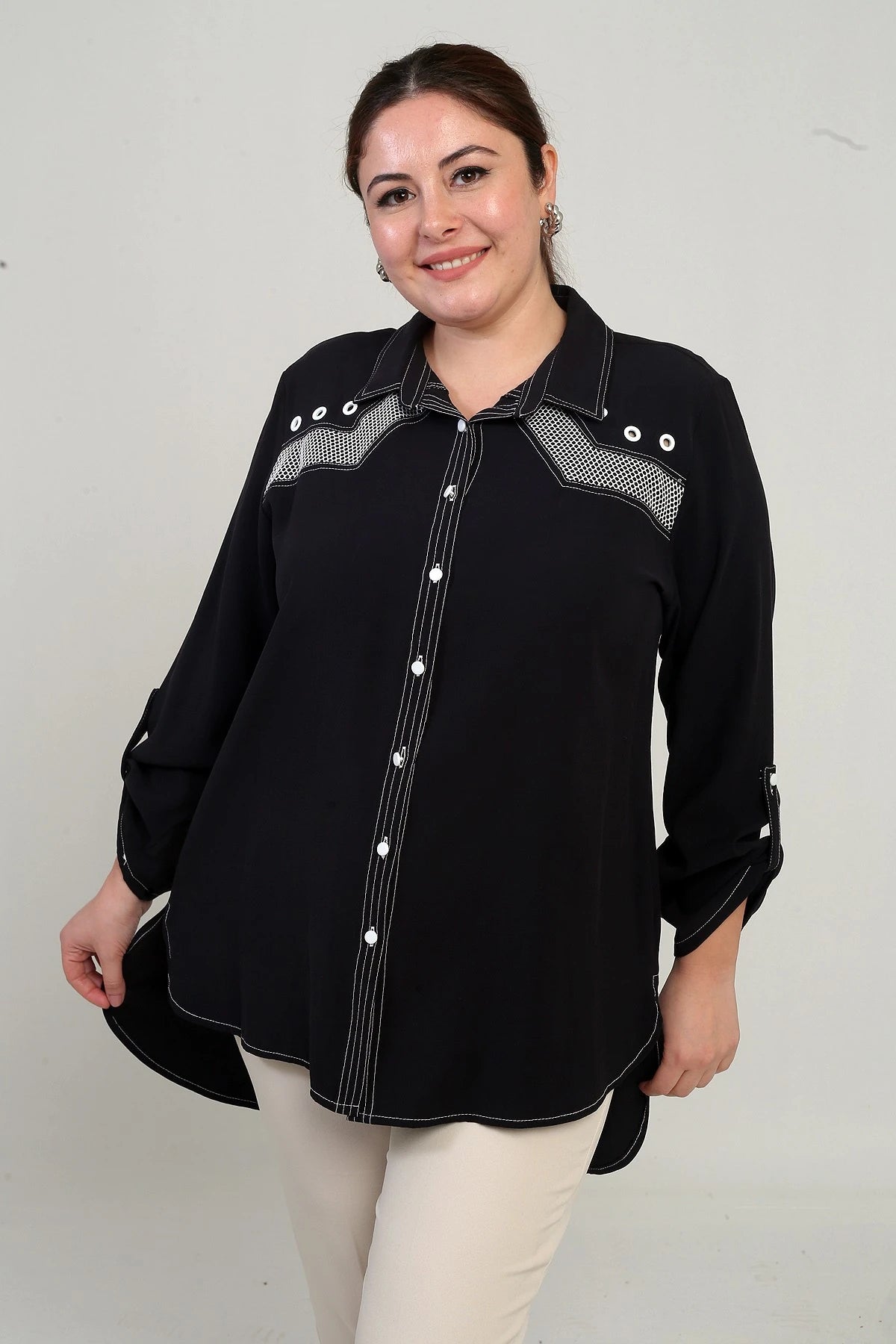 Image of Women's Eyelet Mesh Plus Size Long Shirt with Folded Sleeves