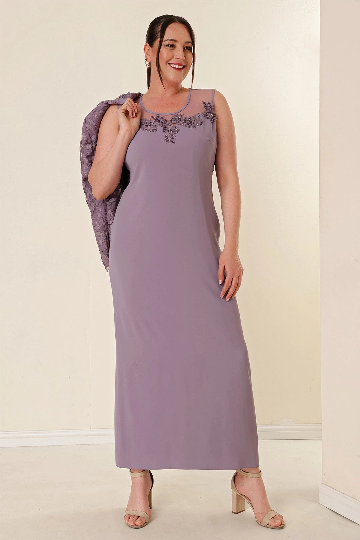 Image of Beaded and Lace Lined Dress and Jacket Set, Plus Size, Two-Piece