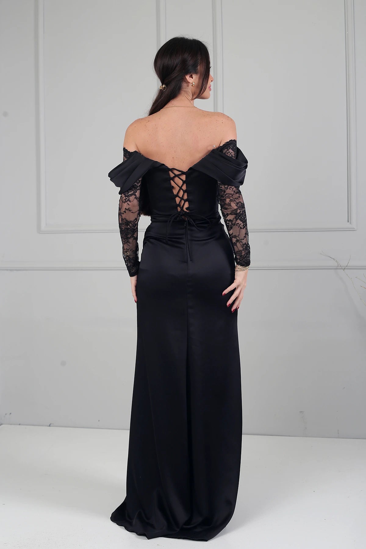 Image of Women's Boat Neck Lace Sleeve Lined Long Satin Dress