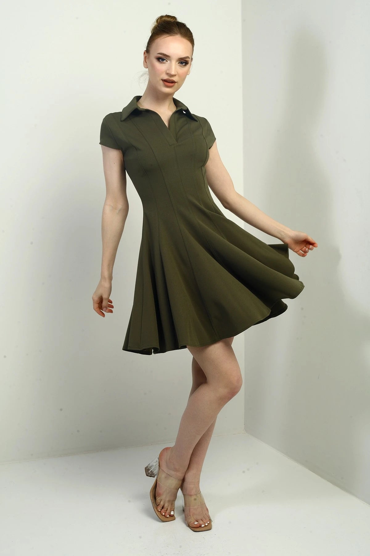 Image of Women's Polo Collar Long Sleeve Lycra Flared Short Dress