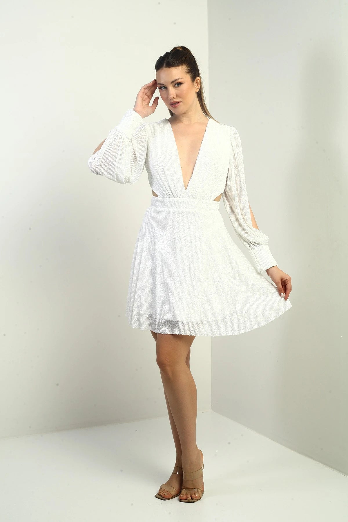 Image of Women's Front and Back V-Neck Waist-Detailed Lined Sequin Flared Short Dress