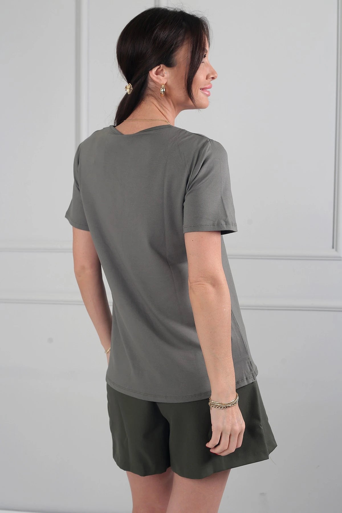 Image of Women's V-Neck Short-Sleeve Blouse with Slit