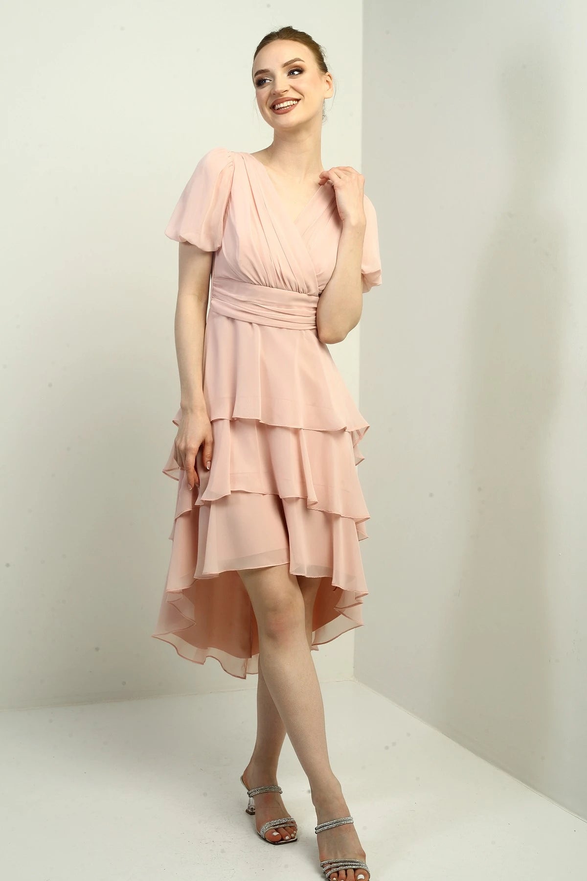 Image of Women's Wrap Neckline Back Zipper Layered Pleated Chiffon Dress