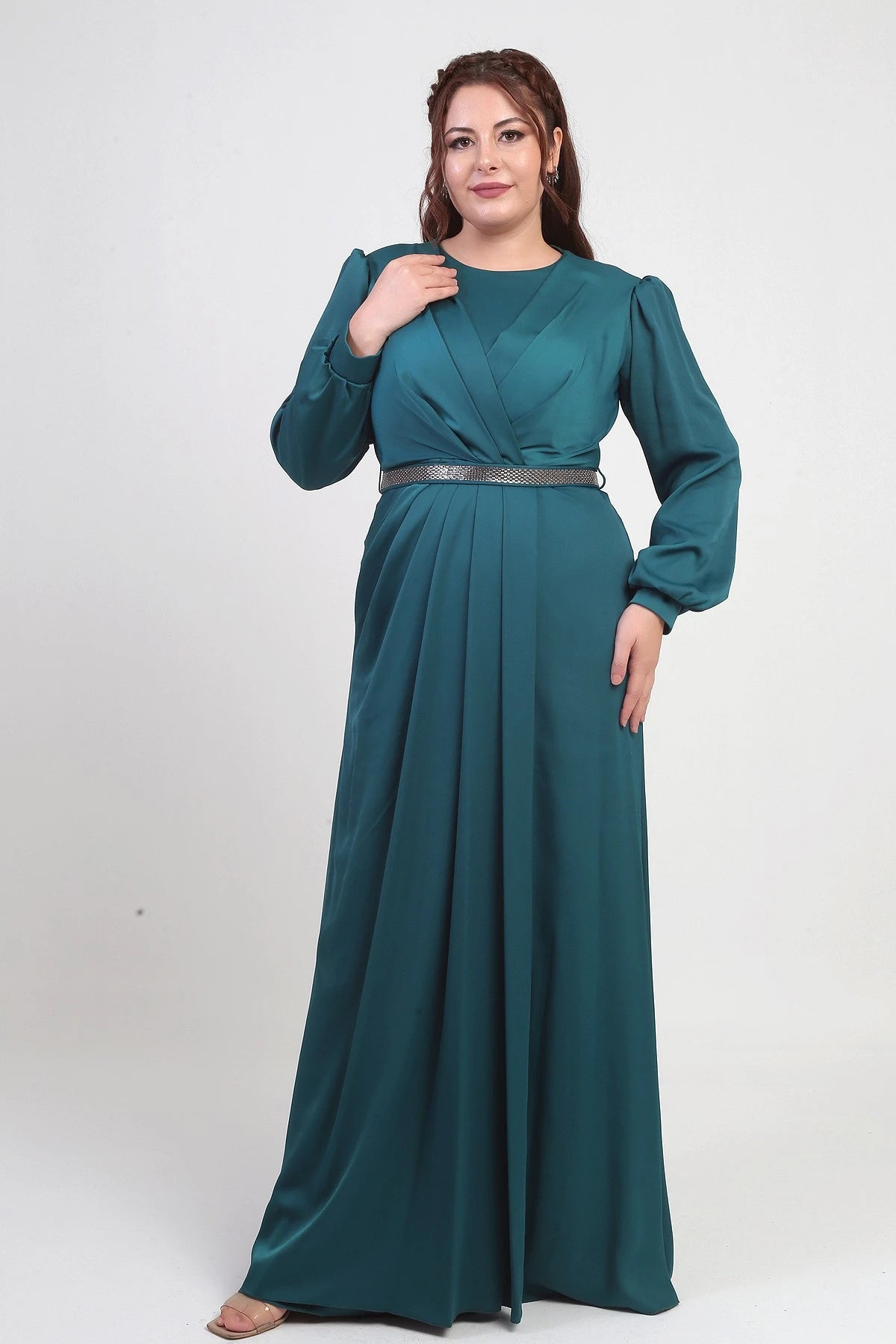 Image of Women's Wrap-Neck Look Pleated Lined Long Satin BB Dress