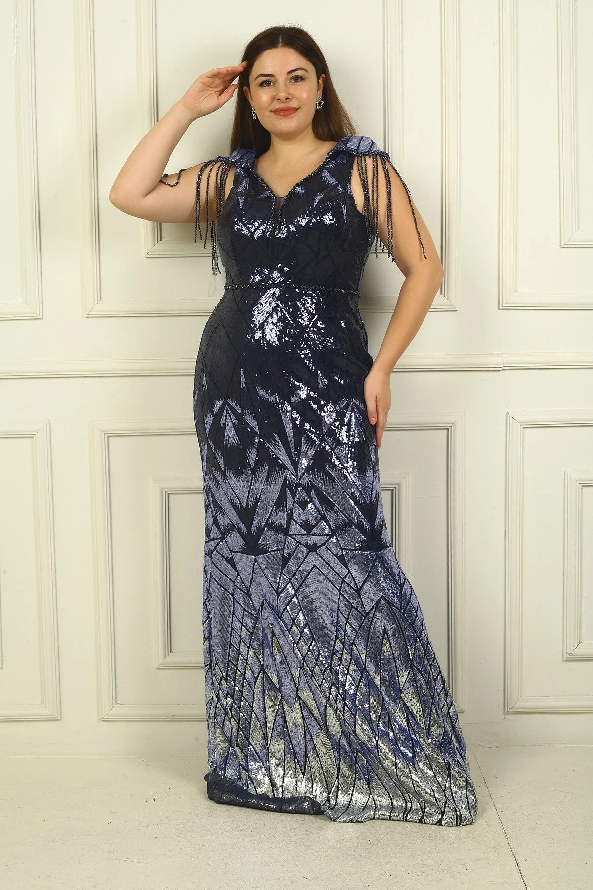 Image of Long BB Sequin Evening Dress with Beaded Tassel Sleeves and Lining