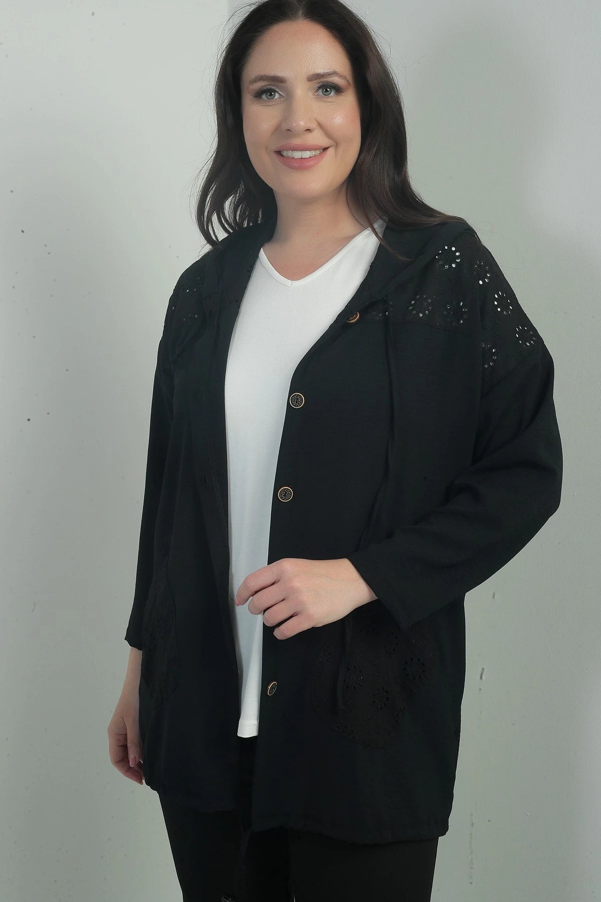 Image of Women's Hooded, Button-Front, Pocketed, Ruffled Plus Size Cardigan