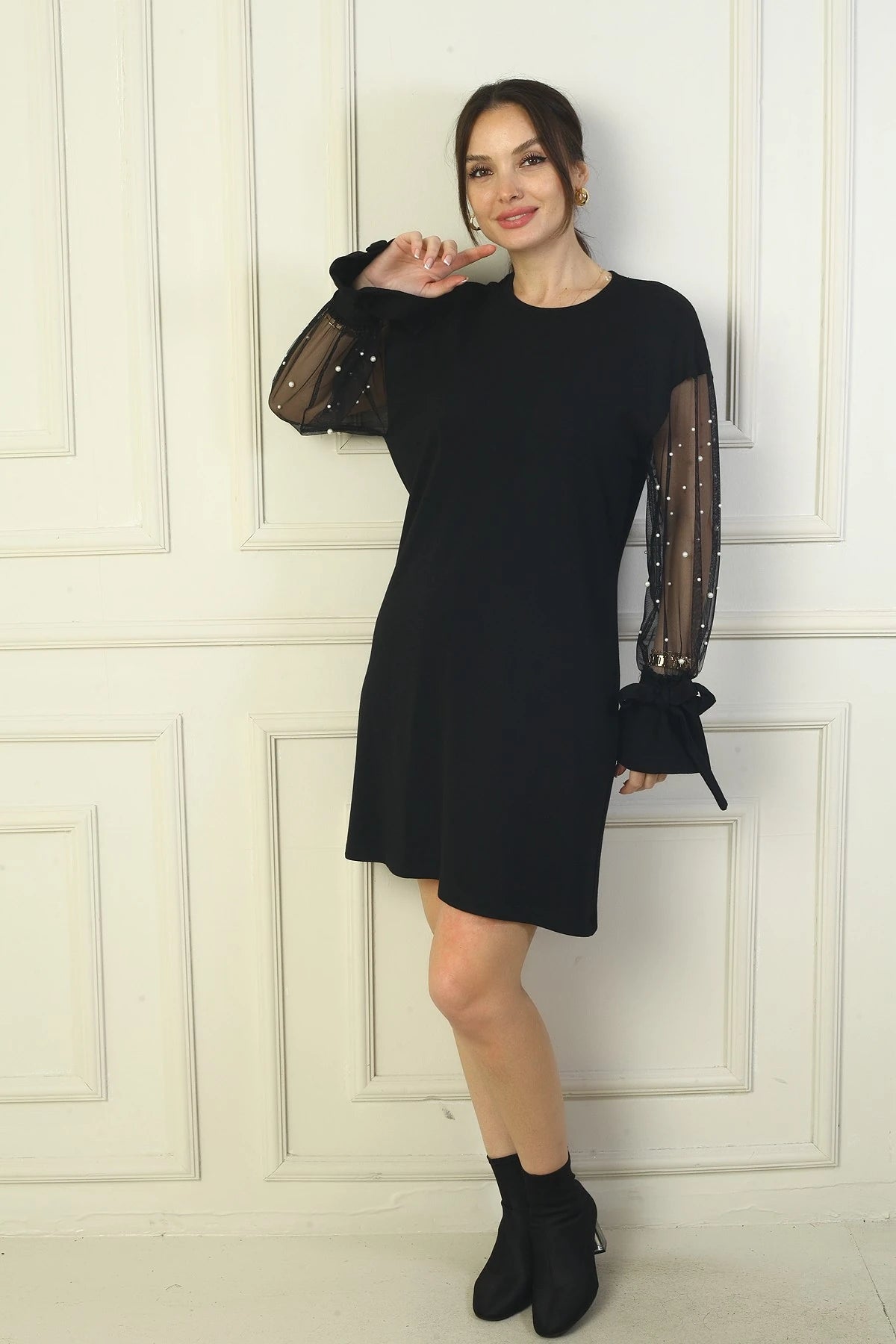 Image of Women's Round Neck Short Dress with Pearl Details and Tulle Sleeves
