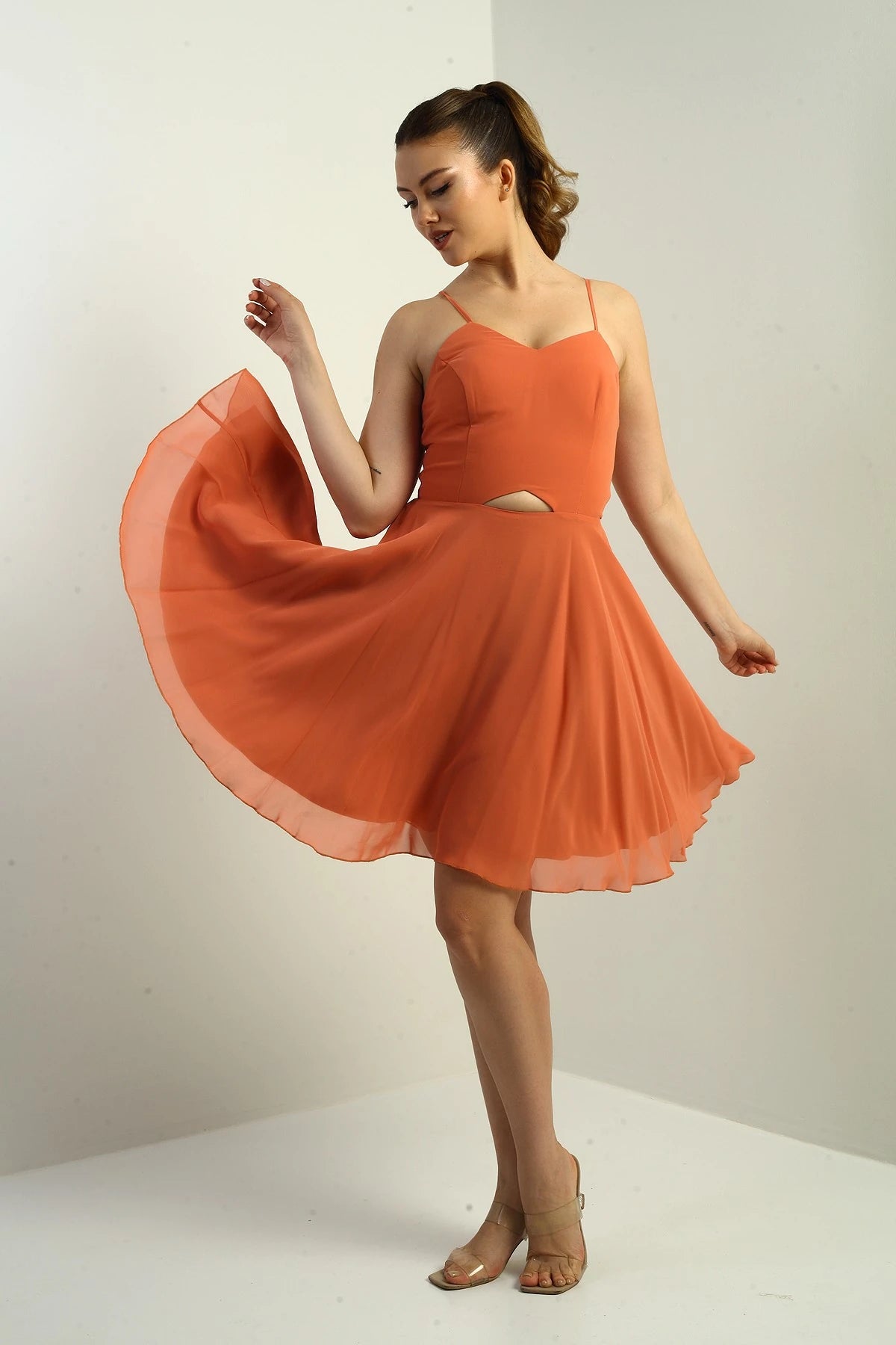 Image of Women's Strappy, Back-Tie, Front-Opening, Lined Chiffon Short Flared Dress
