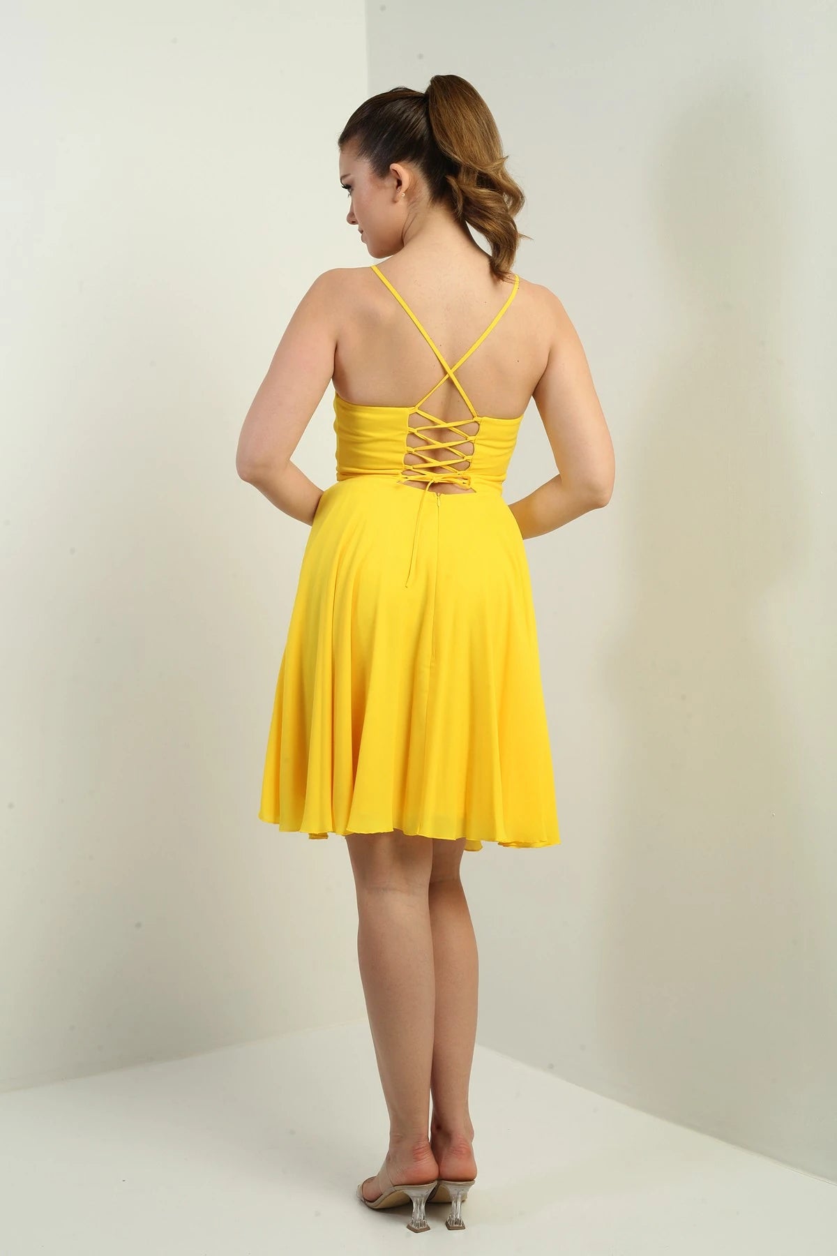 Image of Women's Strappy, Back-Tie, Front-Opening, Lined Chiffon Short Flared Dress