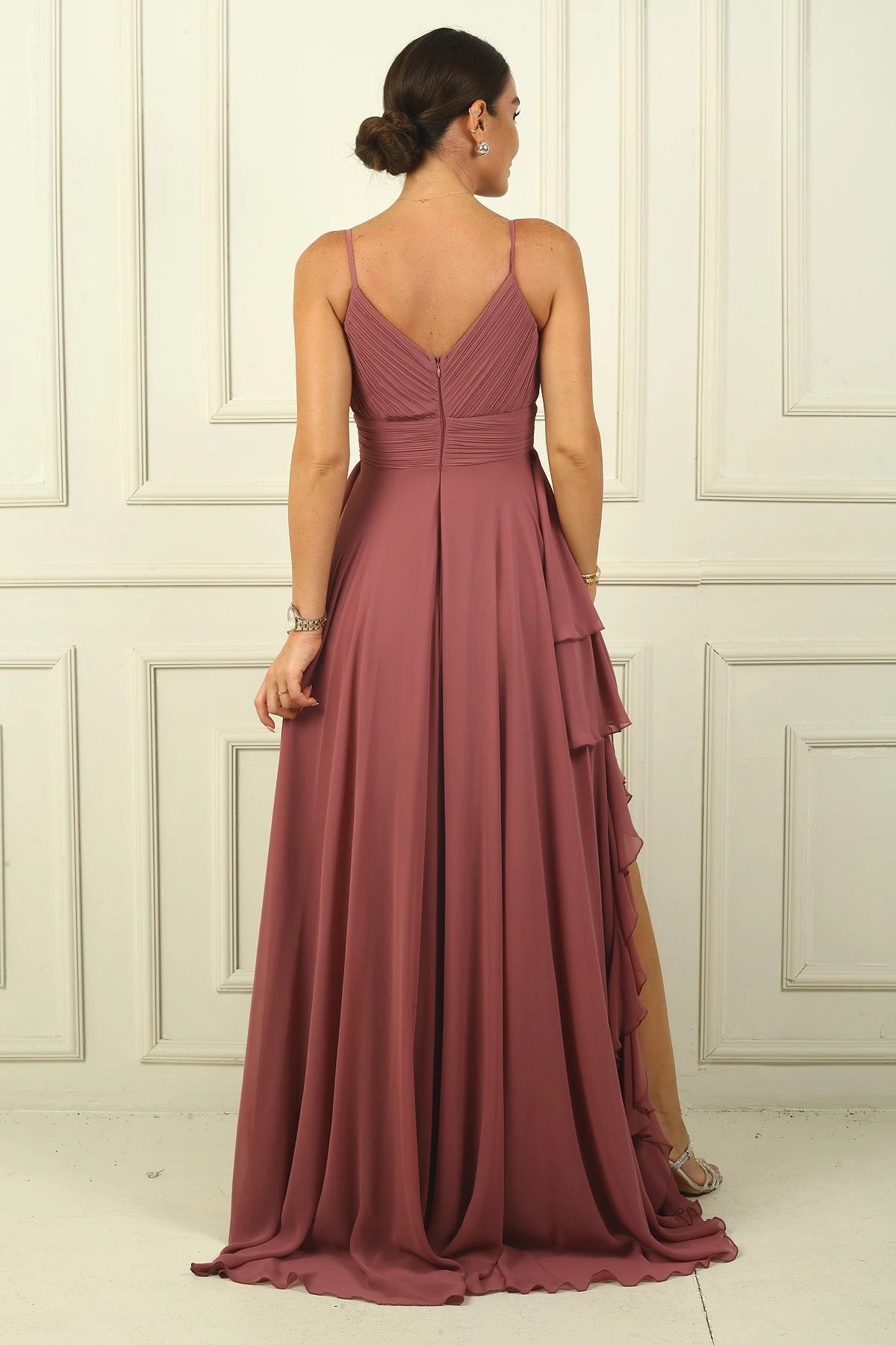 Image of Women's Strappy, Side Slit, Lined, Ruffled Chiffon Long Dress
