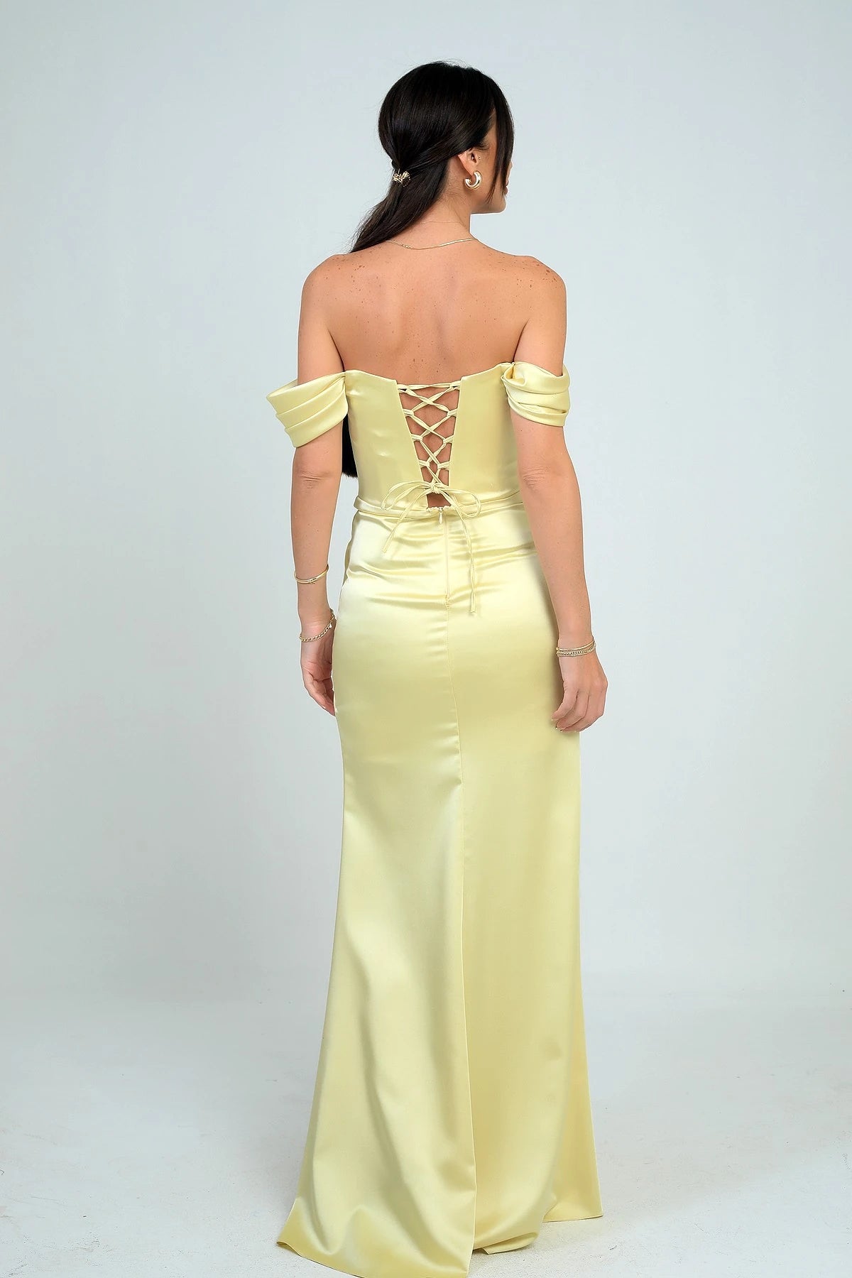 Image of Women's Strapless Low-Sleeve Lined Underwired Satin Long Dress
