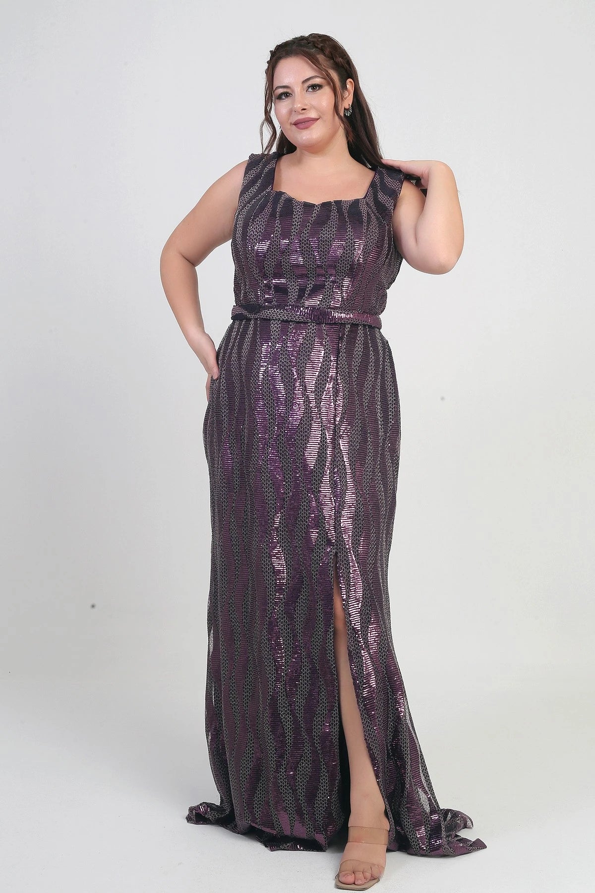Image of Women's Square Neck Lined Sequin Plus Size Long Dress