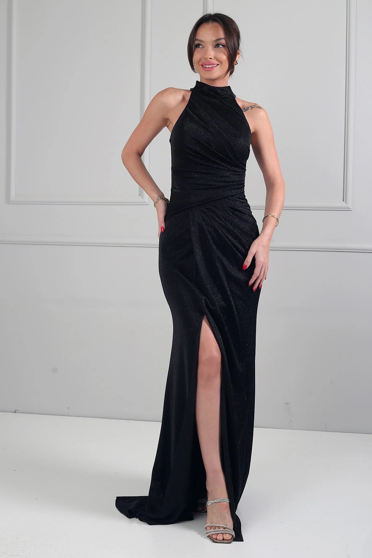 Image of Women's Halter Neck Lined Draped Glitter Long Dress