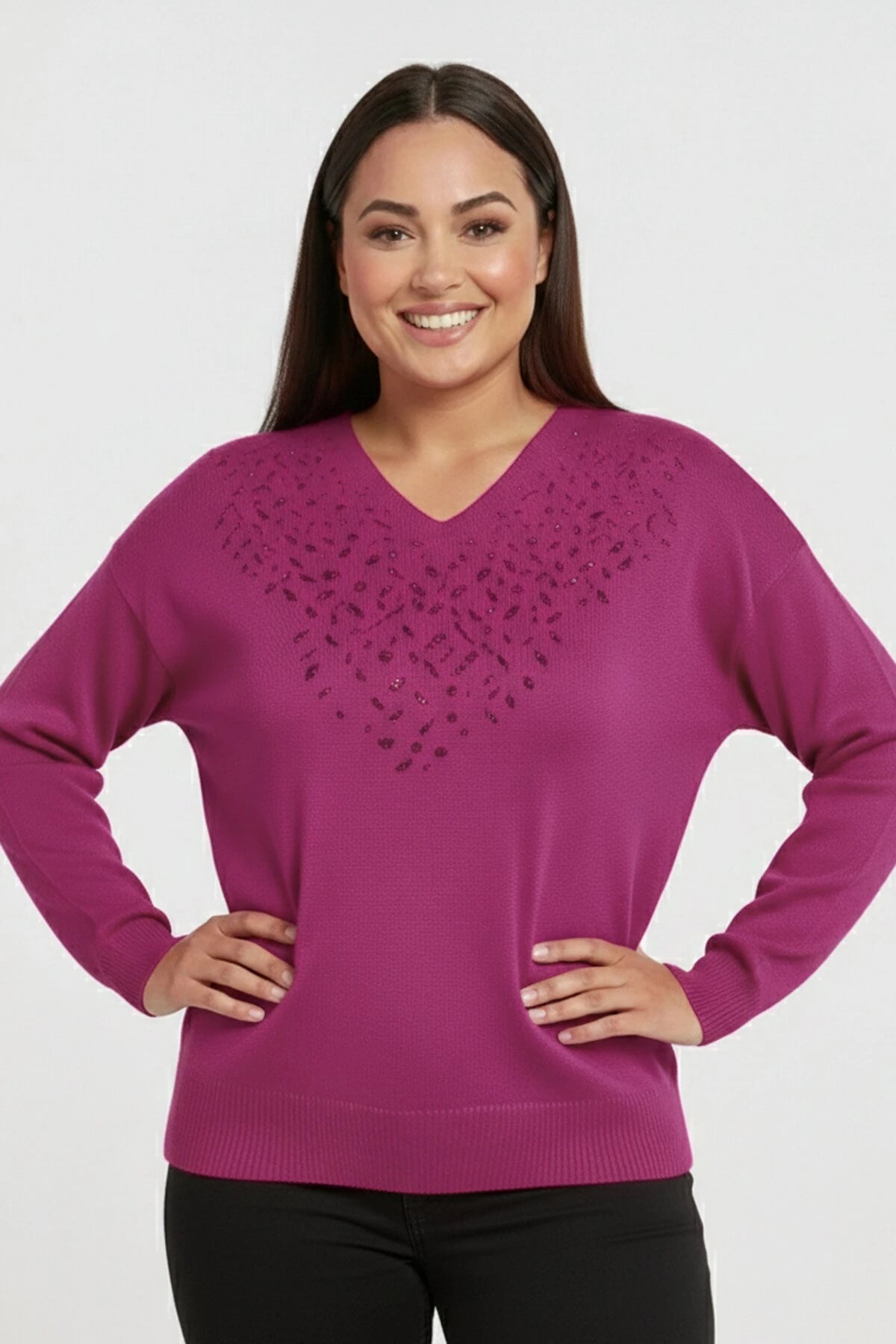Image of Women's V-Neck Plus Size Knitted Blouse with Glitter Detail on the Front