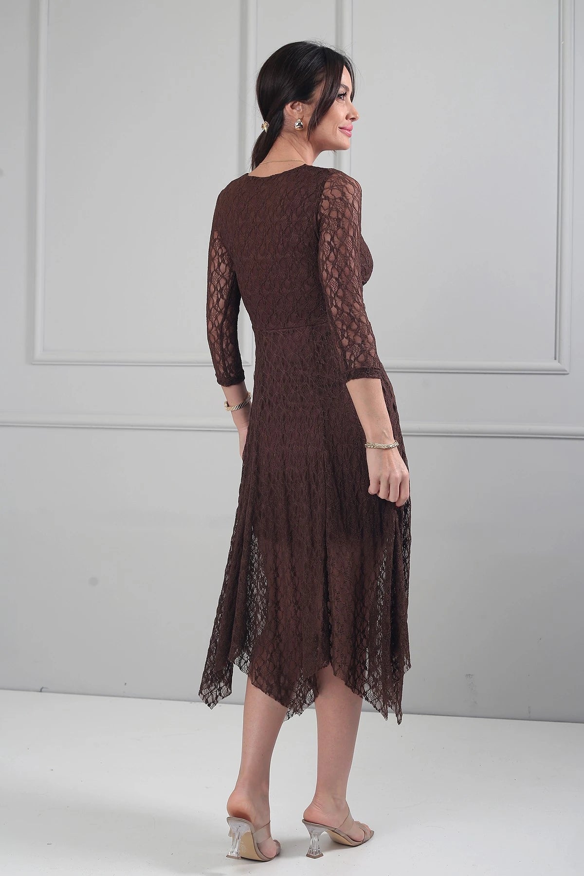 Image of Women's Asymmetrical Lace Midi Dress with Front Knot Detail and Lined Skirt