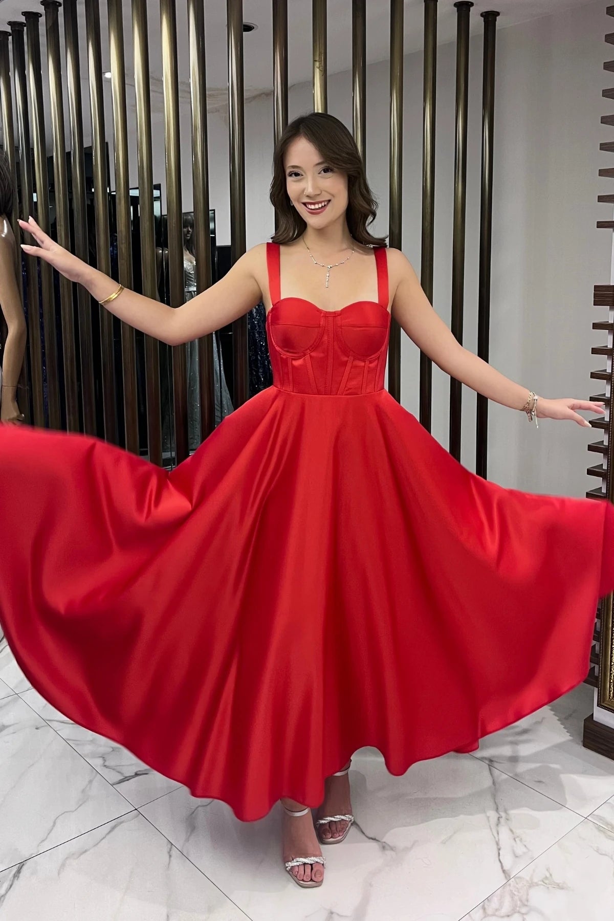 Image of Women's Strappy Back Lace-up Corset Satin Flared Midi Dress